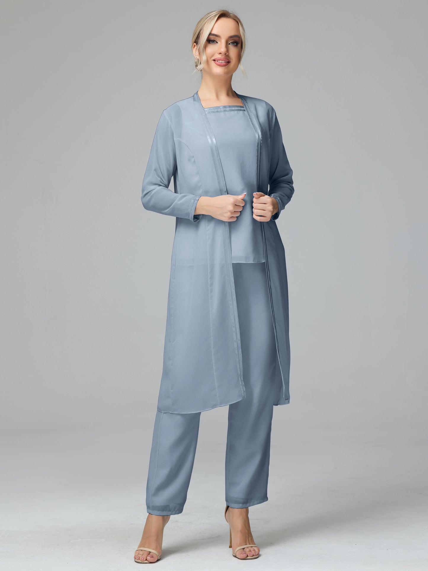 3 Pieces Chiffon Long Sleeves Mother Of The Bride Dress Pants Suits