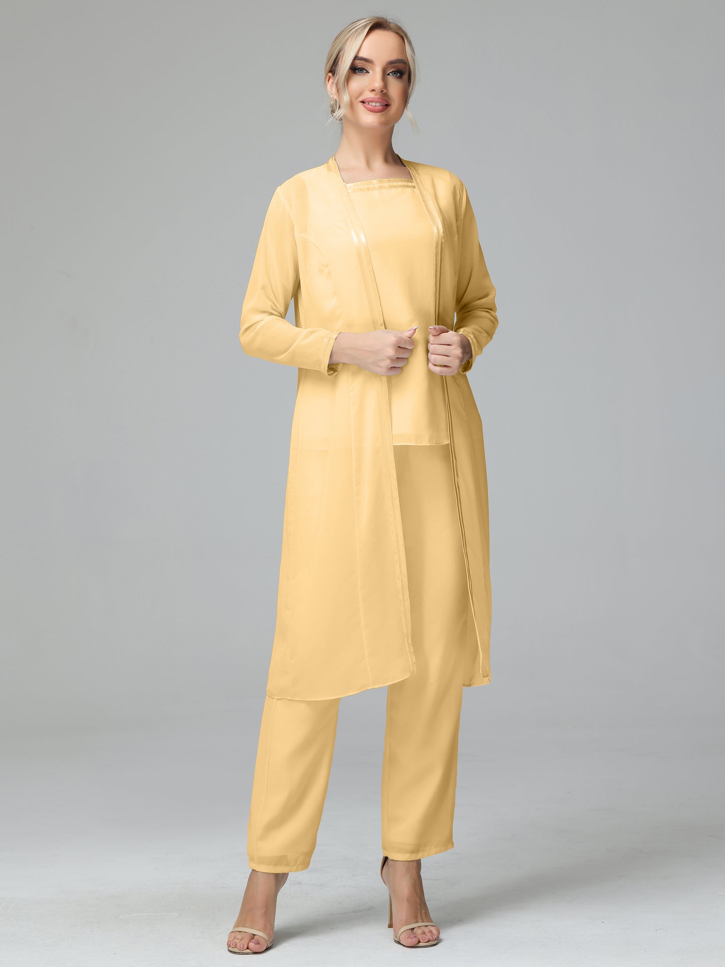 3 Pieces Chiffon Long Sleeves Mother Of The Bride Dress Pants Suits