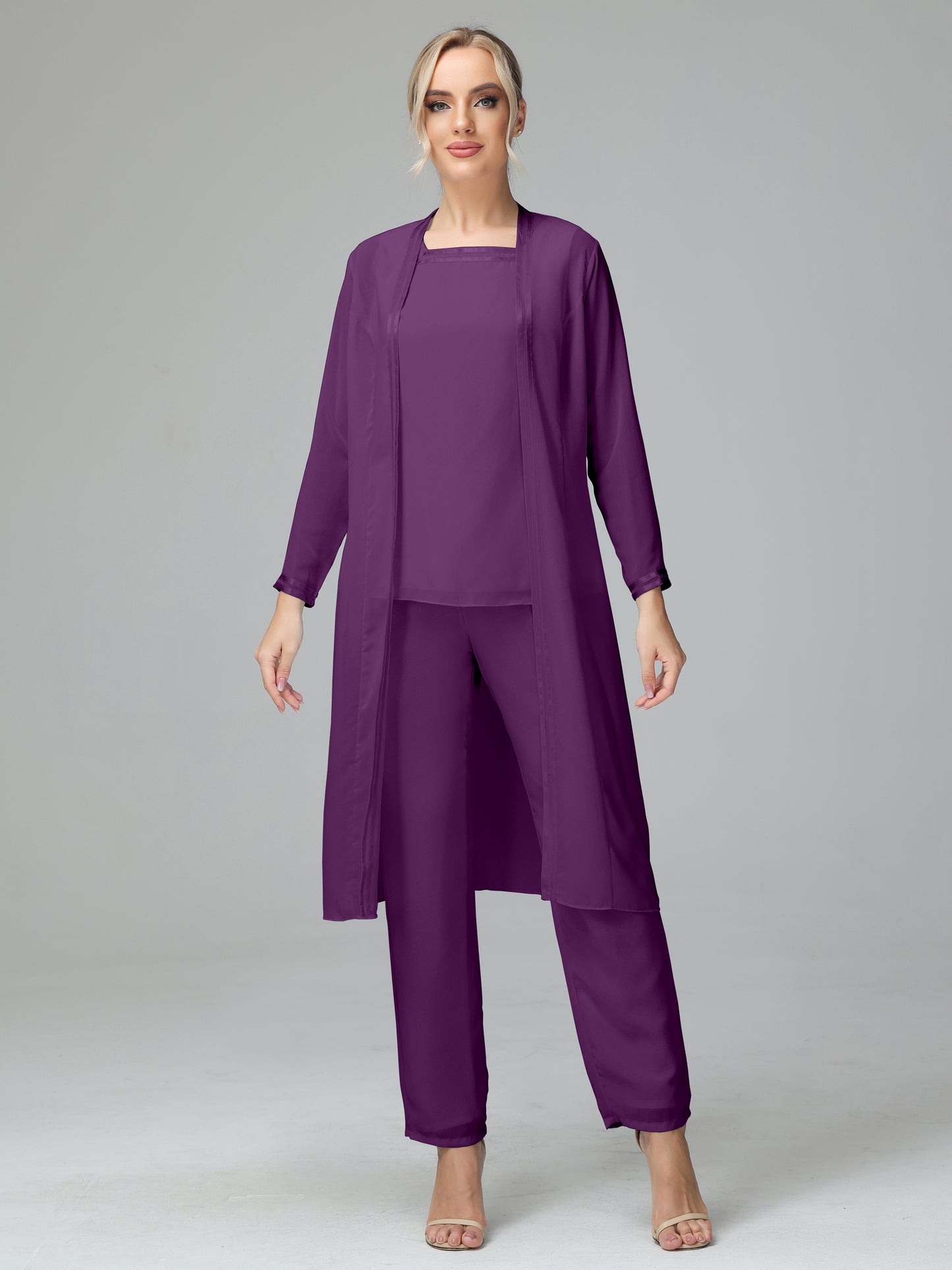3 Pieces Chiffon Long Sleeves Mother Of The Bride Dress Pants Suits