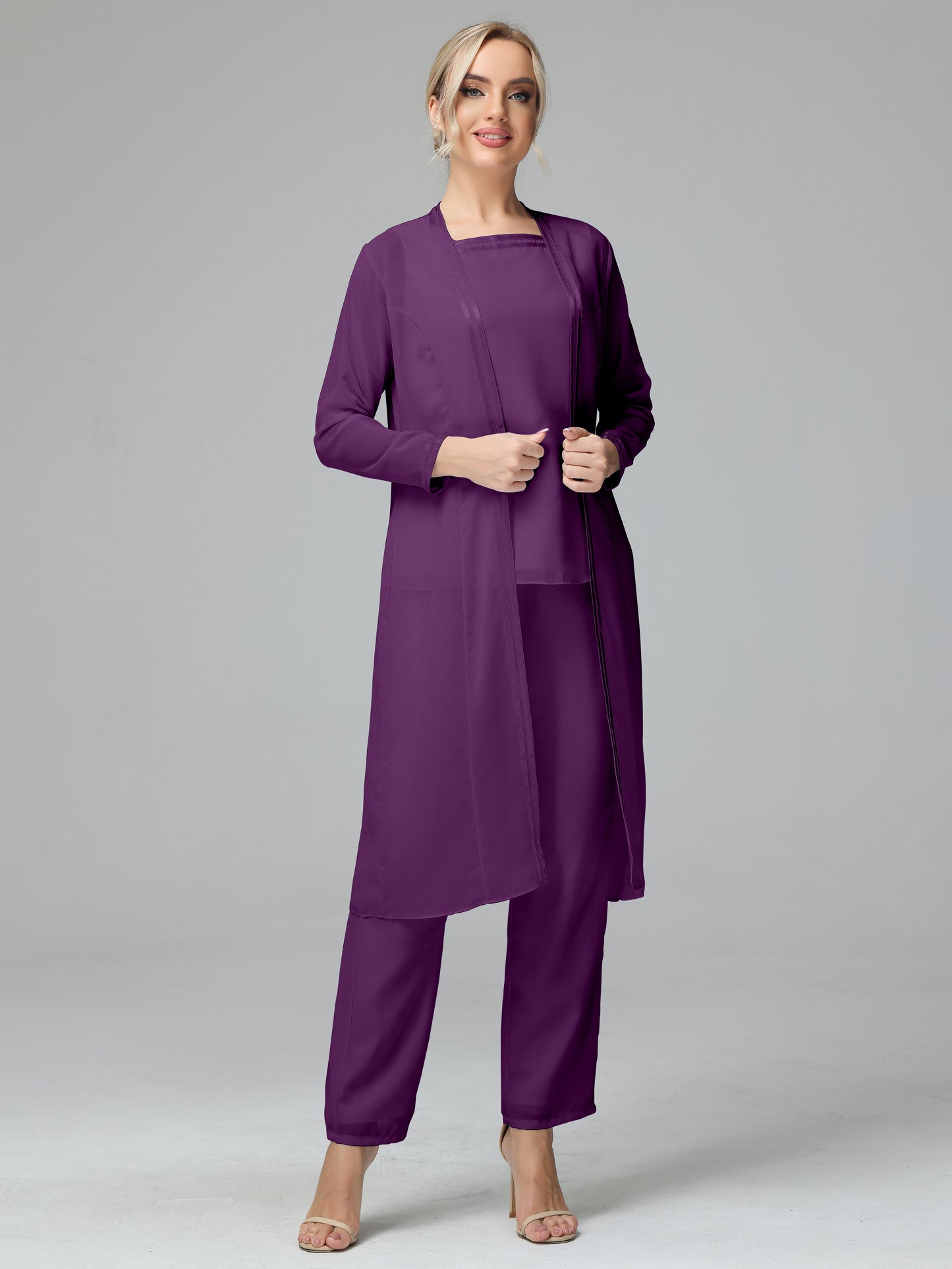 3 Pieces Chiffon Long Sleeves Mother Of The Bride Dress Pants Suits