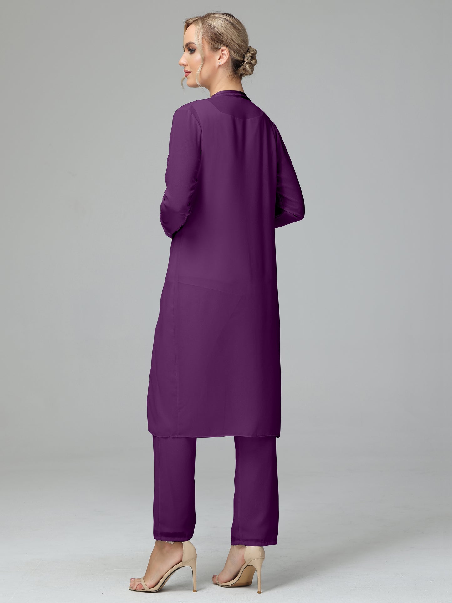 3 Pieces Chiffon Long Sleeves Mother Of The Bride Dress Pants Suits