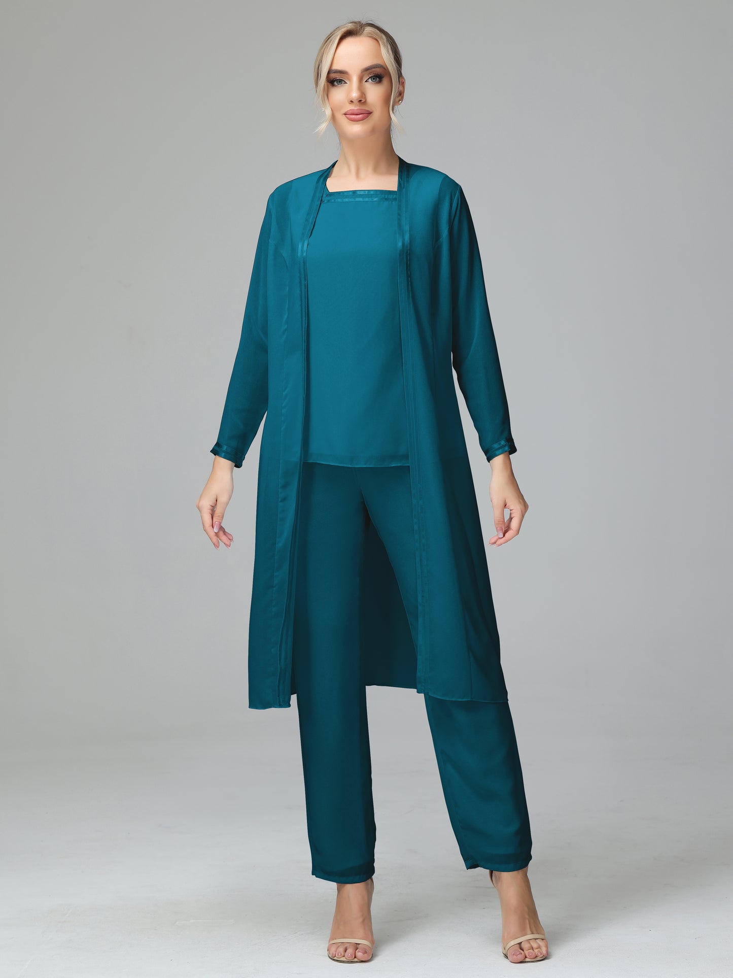 3 Pieces Chiffon Long Sleeves Mother Of The Bride Dress Pants Suits