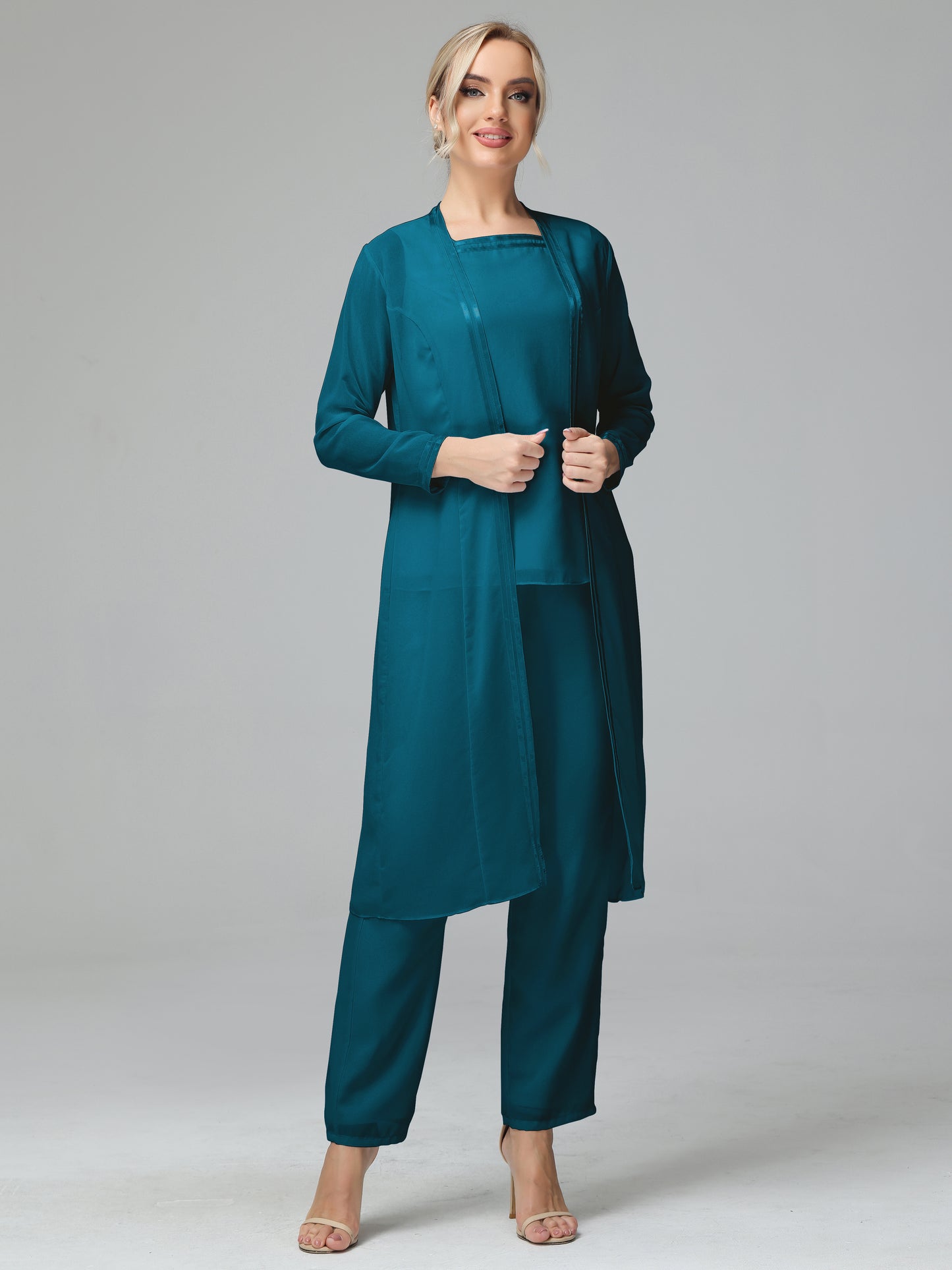 3 Pieces Chiffon Long Sleeves Mother Of The Bride Dress Pants Suits