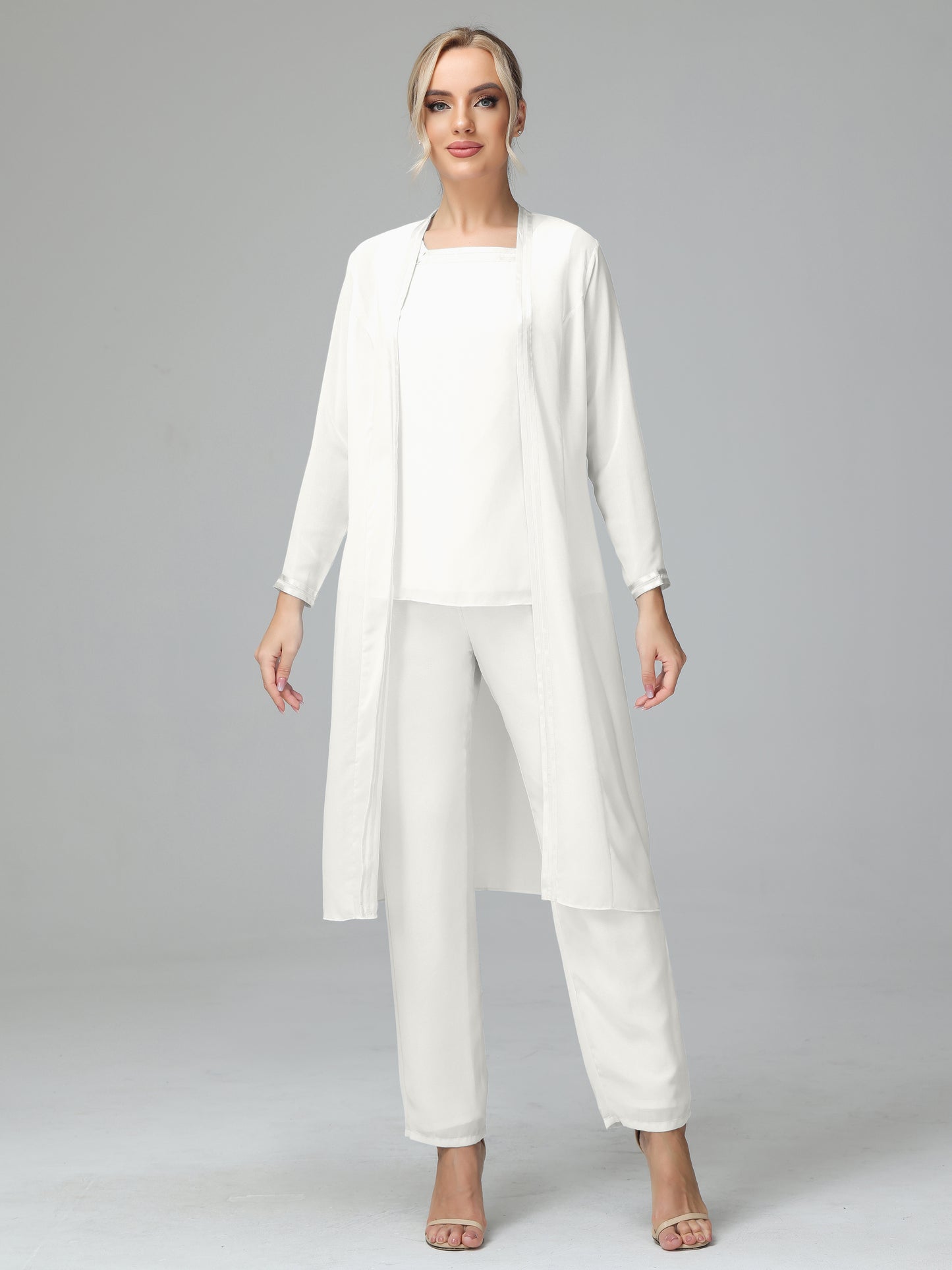 3 Pieces Chiffon Long Sleeves Mother Of The Bride Dress Pants Suits
