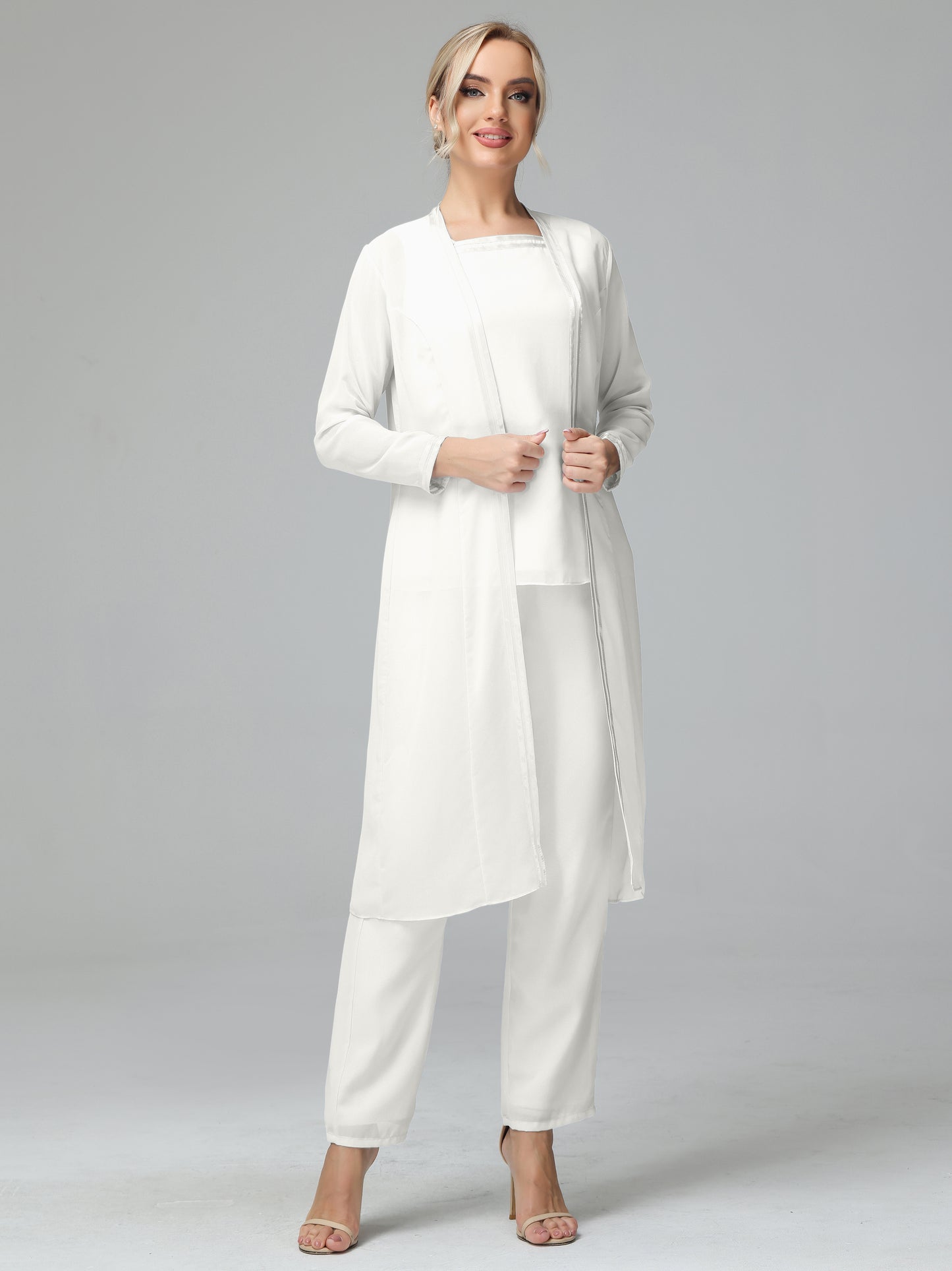 3 Pieces Chiffon Long Sleeves Mother Of The Bride Dress Pants Suits