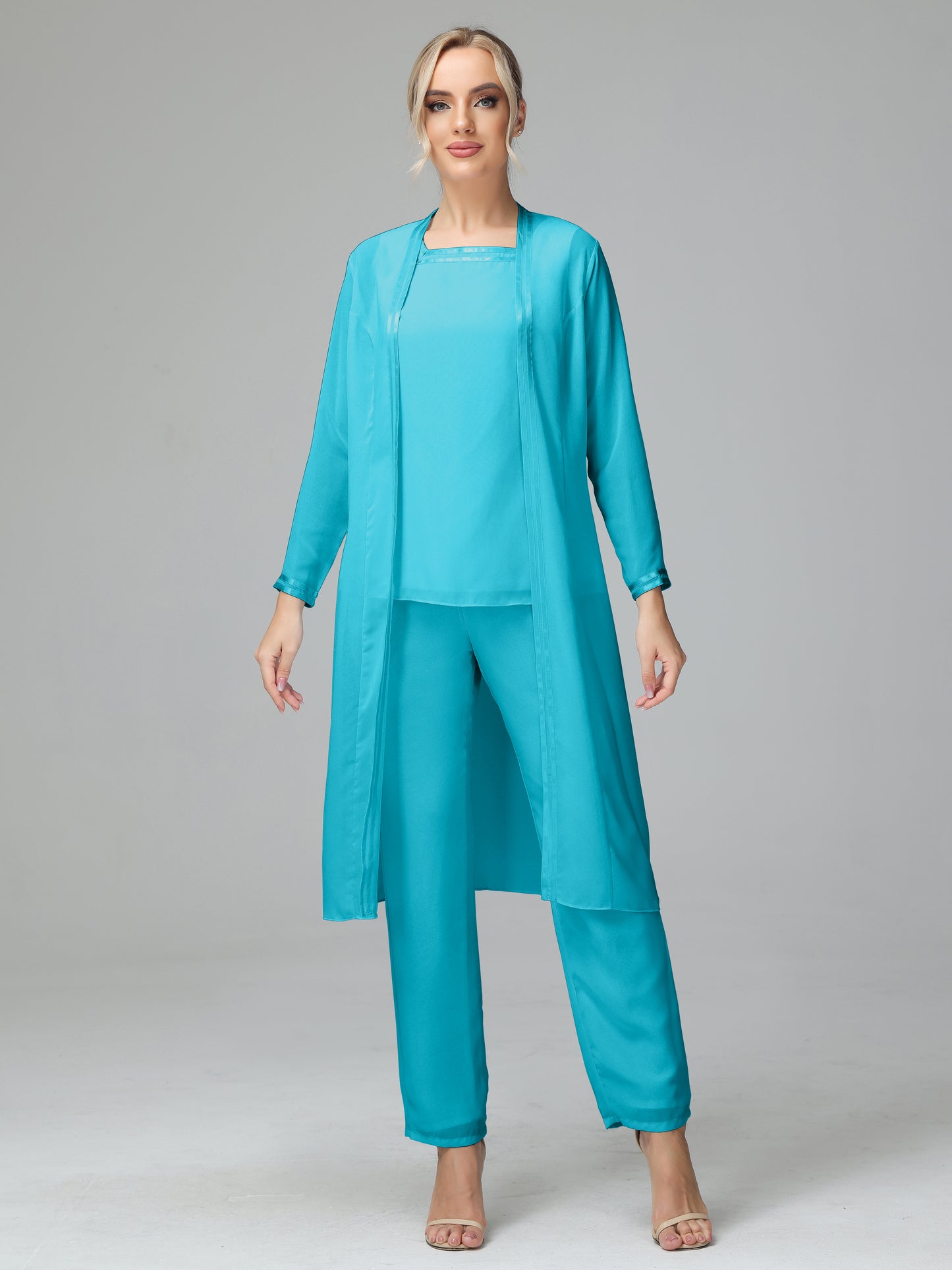 3 Pieces Chiffon Long Sleeves Mother Of The Bride Dress Pants Suits