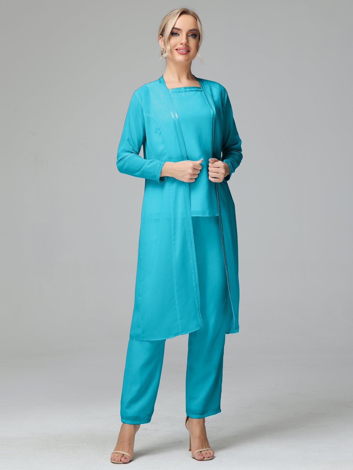 3 Pieces Chiffon Long Sleeves Mother Of The Bride Dress Pants Suits