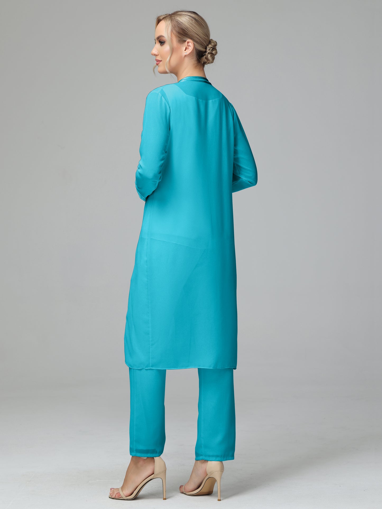 3 Pieces Chiffon Long Sleeves Mother Of The Bride Dress Pants Suits