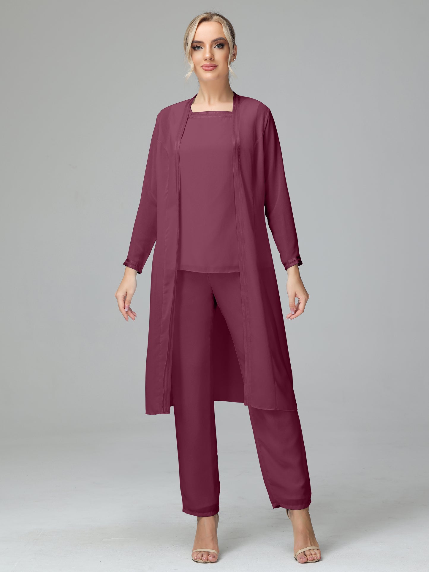 3 Pieces Chiffon Long Sleeves Mother Of The Bride Dress Pants Suits