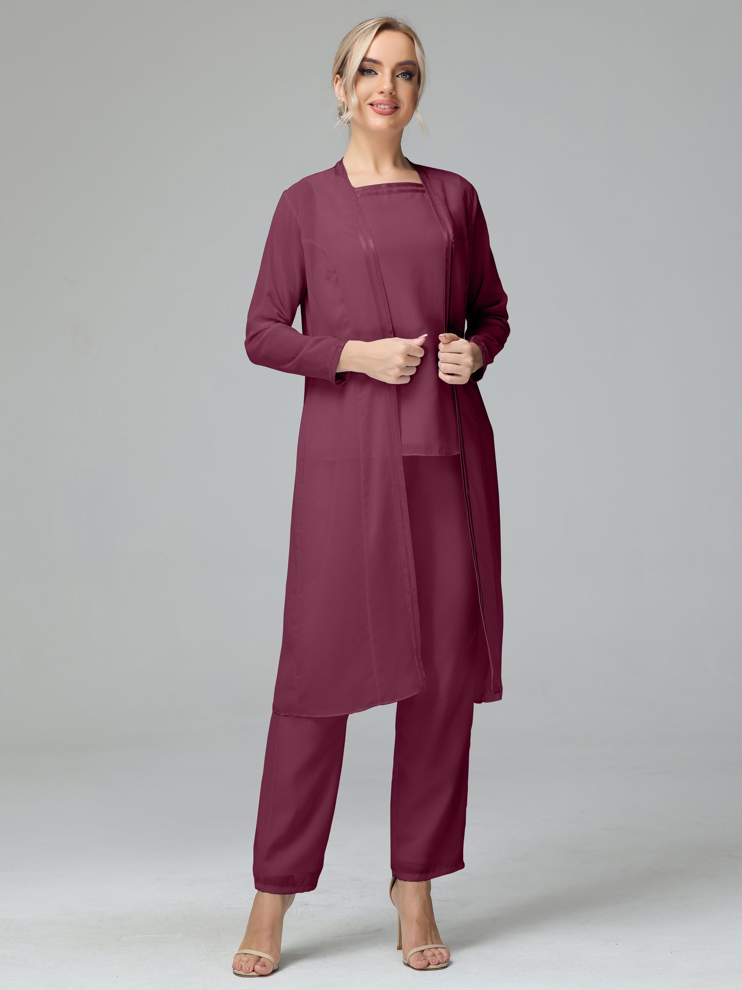 3 Pieces Chiffon Long Sleeves Mother Of The Bride Dress Pants Suits