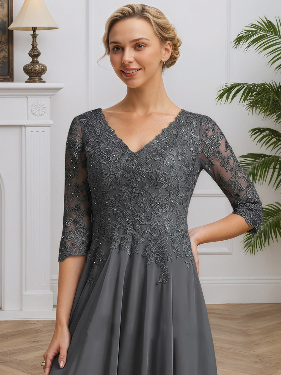 Cicinia Steel Gray Mother Of The Groom Dress Long Chiffon Lace A-line V-neck Tea Length