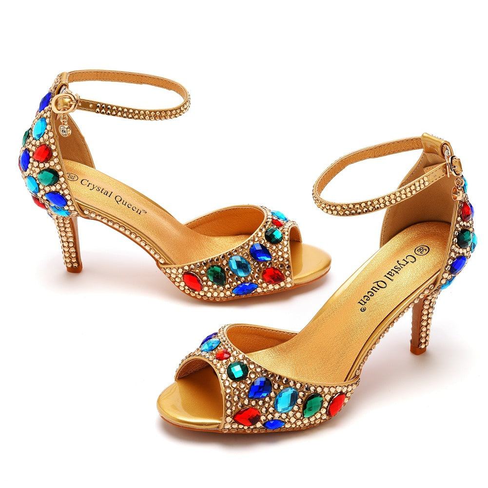 Peep Toe Colorful Rhinestone Decor Ankle-Strap High Heels
