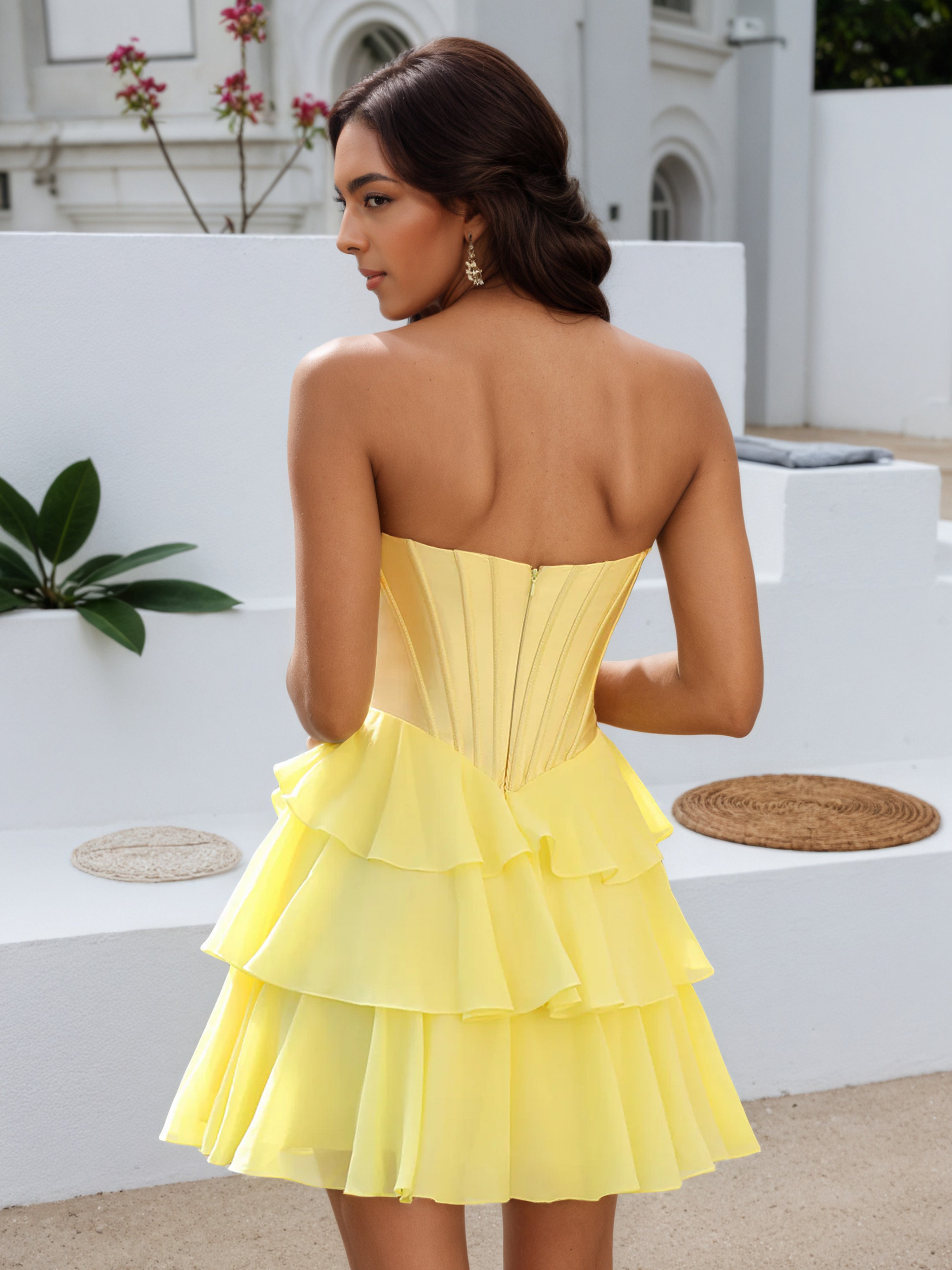A-Line Sweetheart Daffodil Strapless Layers Mini Homecoming Dress