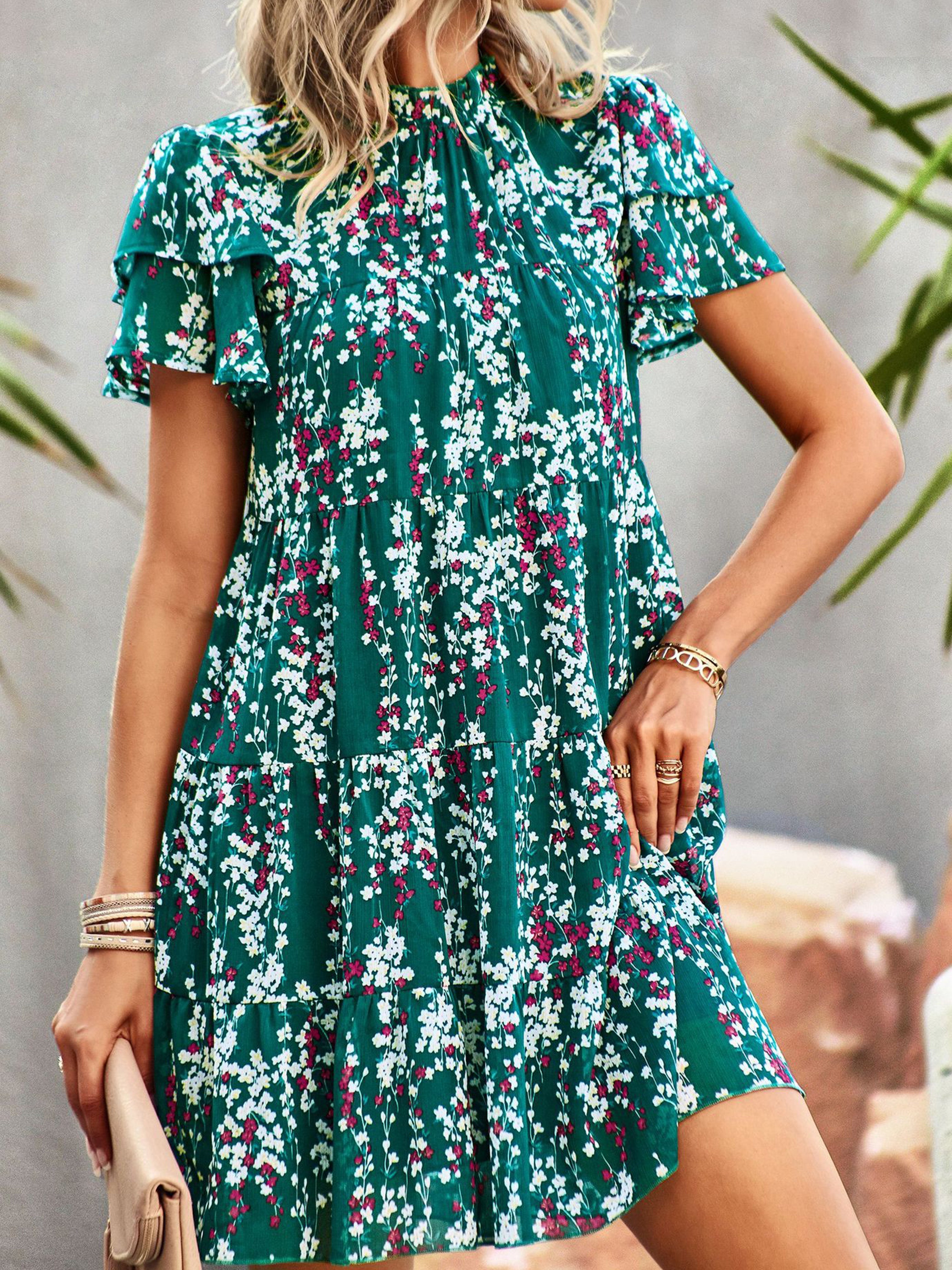 Jewel A Line Floral Green Ruffles Sleeves Wedding Guest Dress