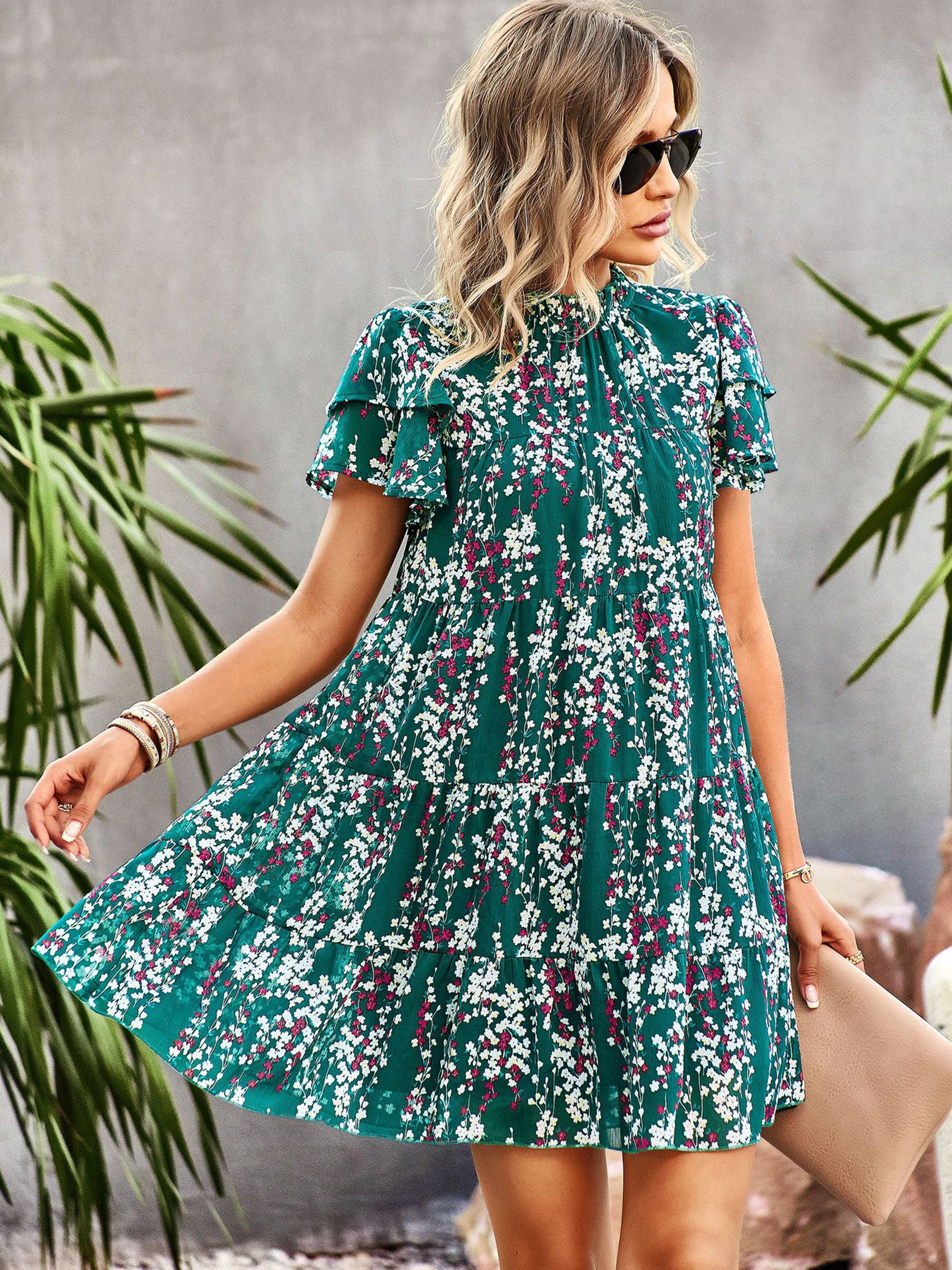 Jewel A Line Floral Green Ruffles Sleeves Wedding Guest Dress