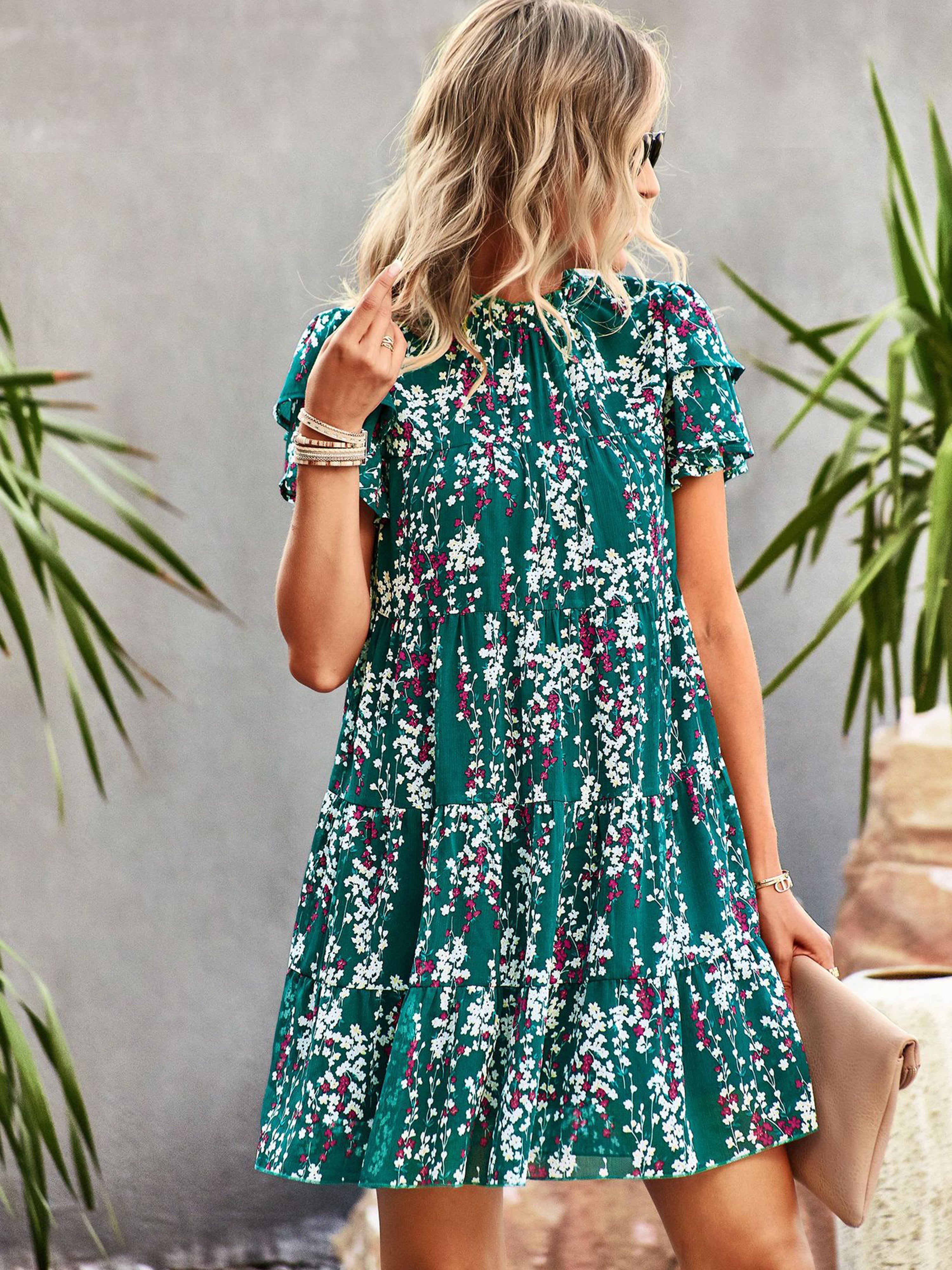 Jewel A Line Floral Green Ruffles Sleeves Wedding Guest Dress