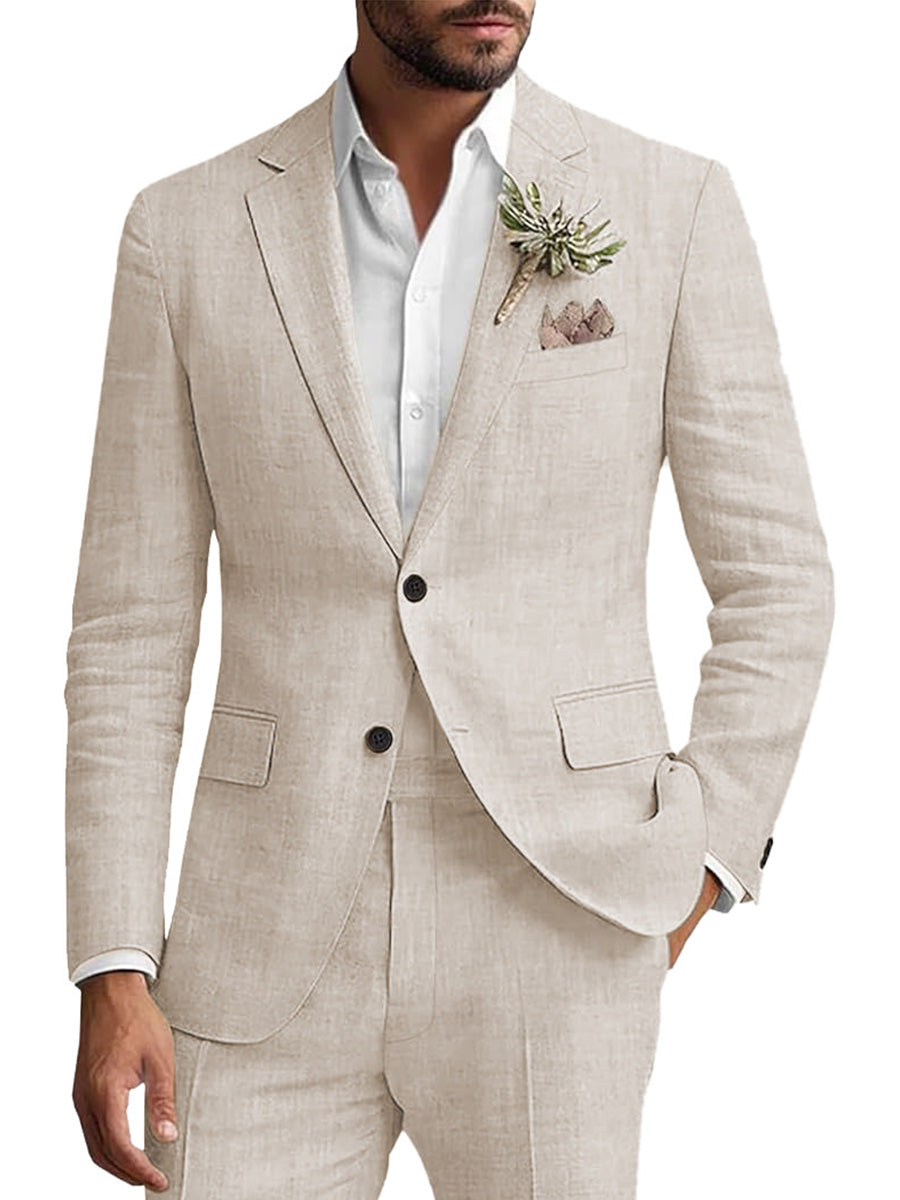 Casual Blue Solid Color Flax Slim Fit Men's Suits Single Breasted 2 Pieces Wedding Suit main image 0