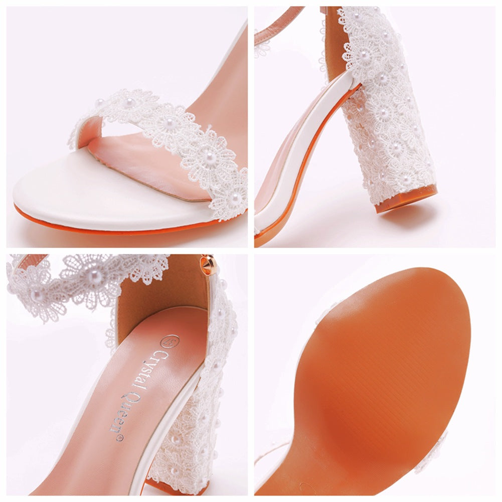 Open Toe Lace Pearl Ankle Strap Chunky Heel