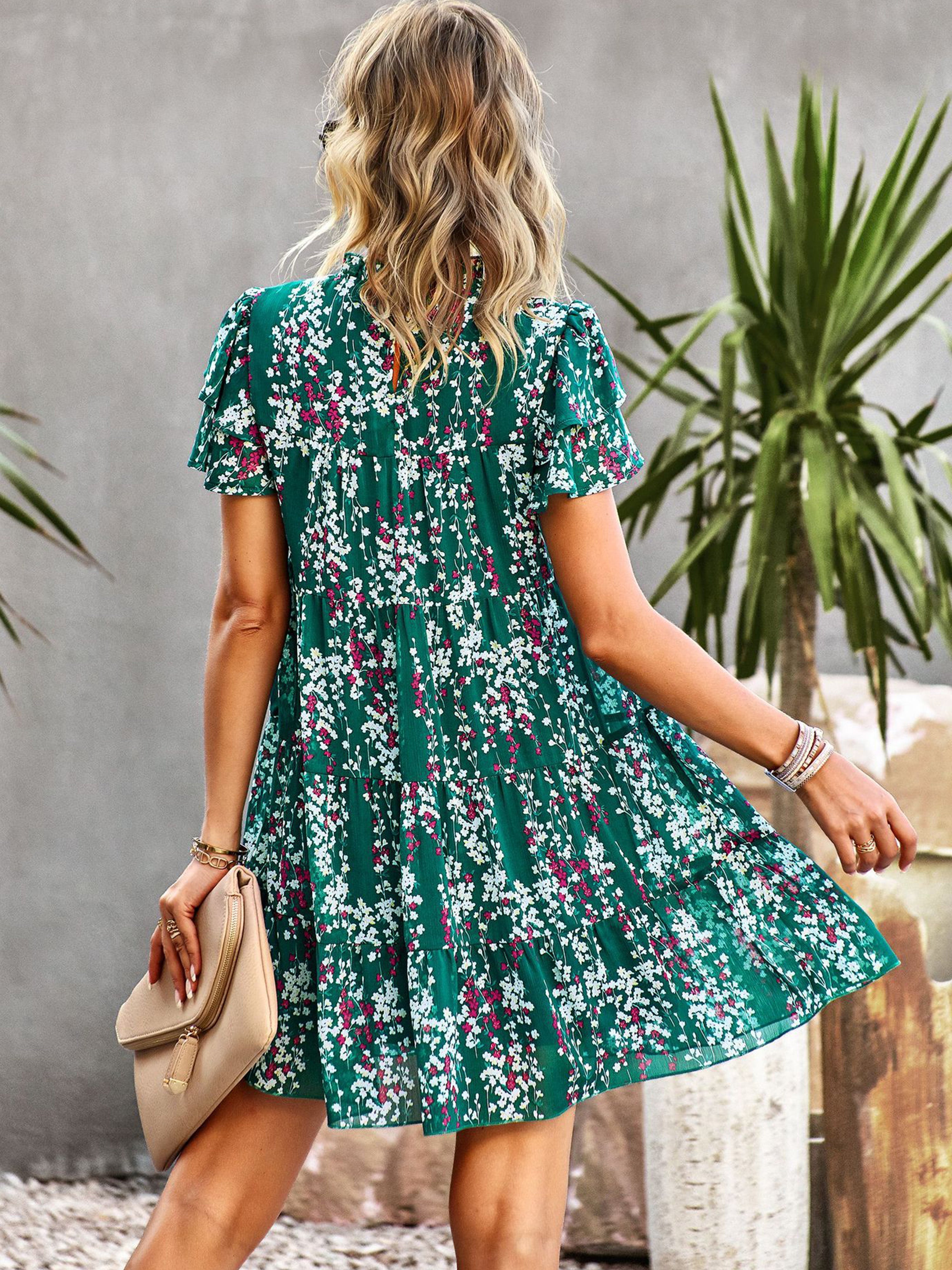 Jewel A Line Floral Green Ruffles Sleeves Wedding Guest Dress