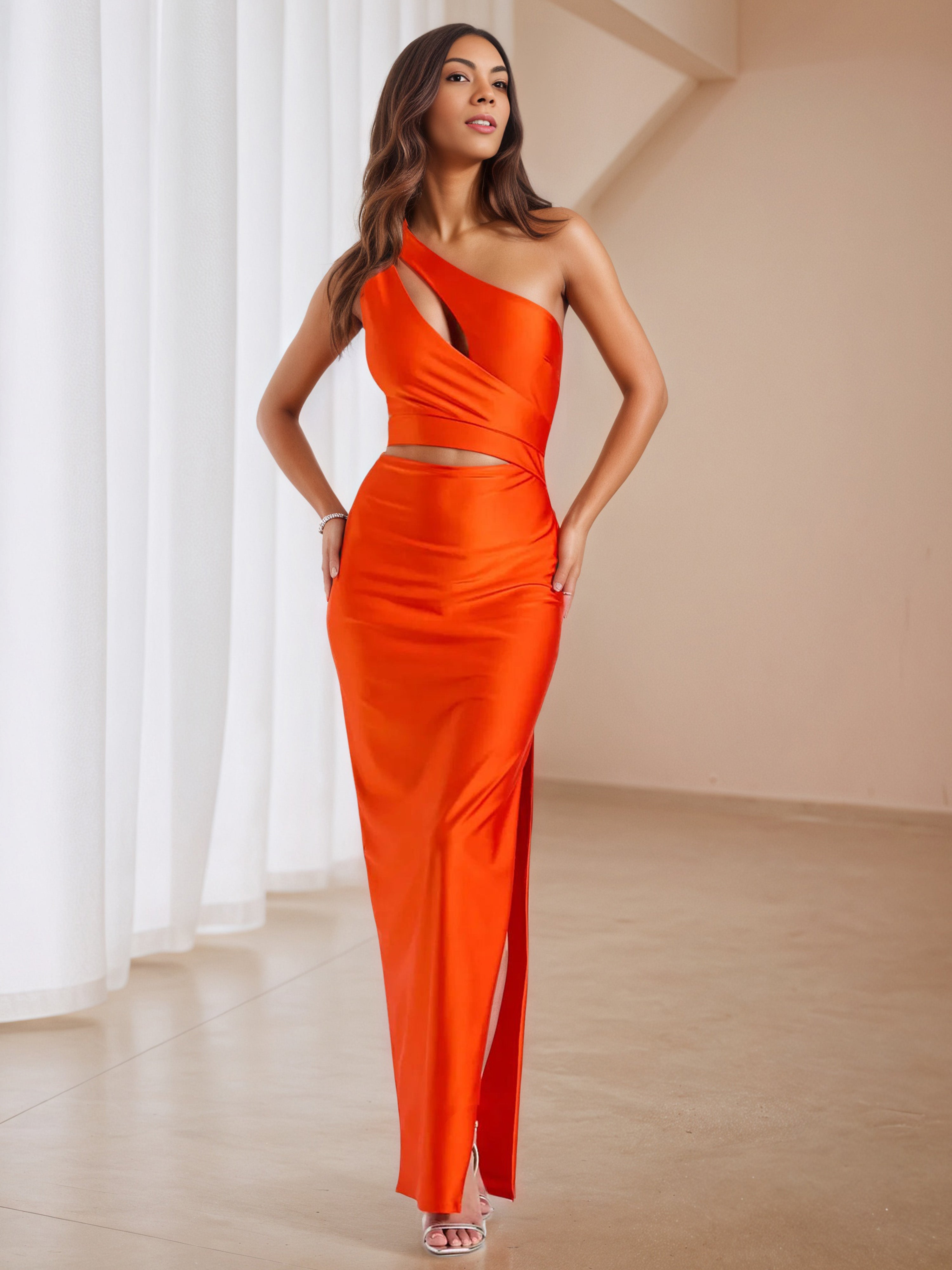 Trumpet/Mermaid Burnt Orange Cut-Out One Shoulder Prom Dress with Split Trumpet/Mermaid Burnt Orange Cut-Out One Shoulder Prom Dress with Split