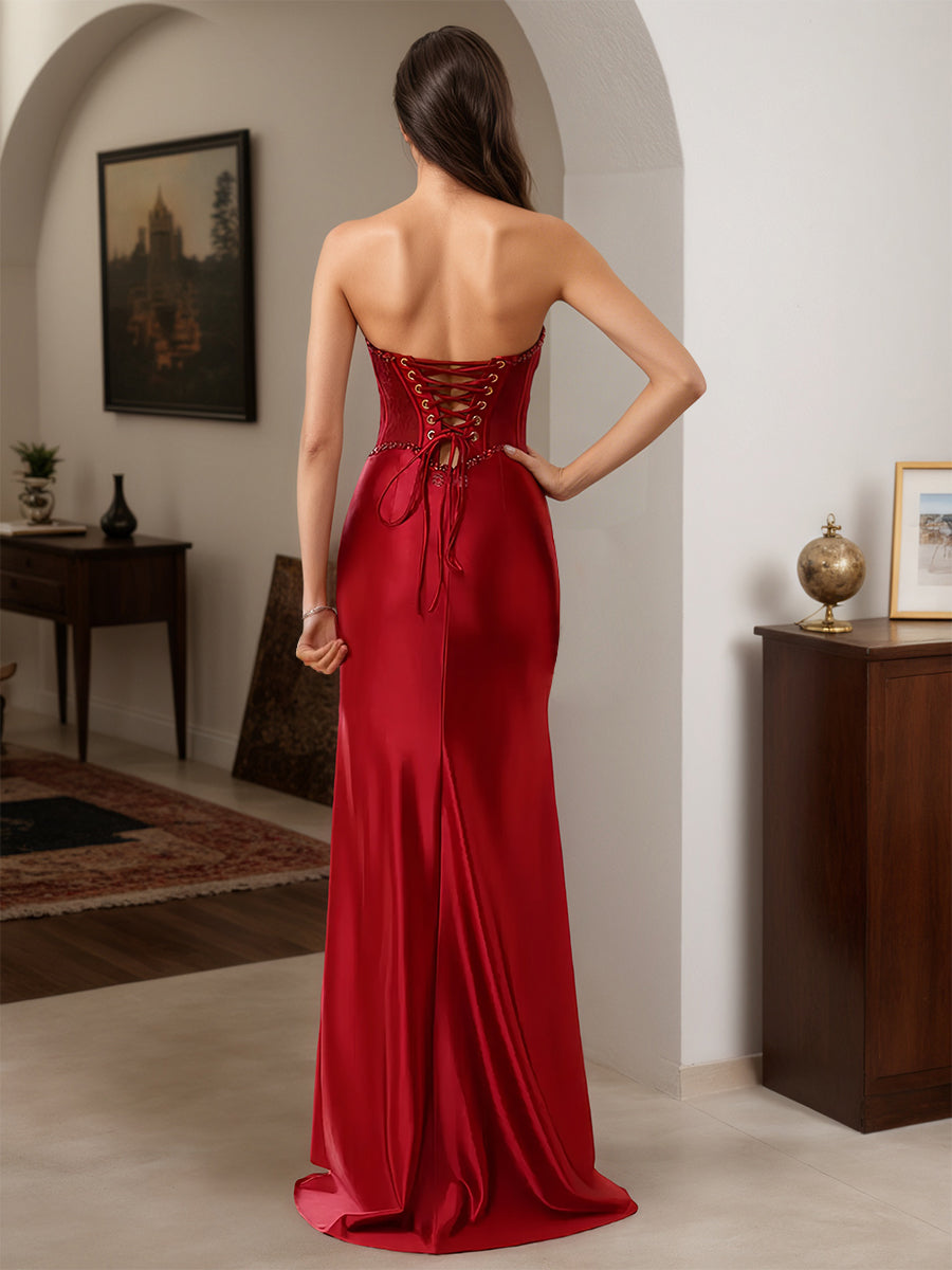 Cicinia Red Prom Dresses Long Sheath Beaded Sweetheart Slit Party Dress