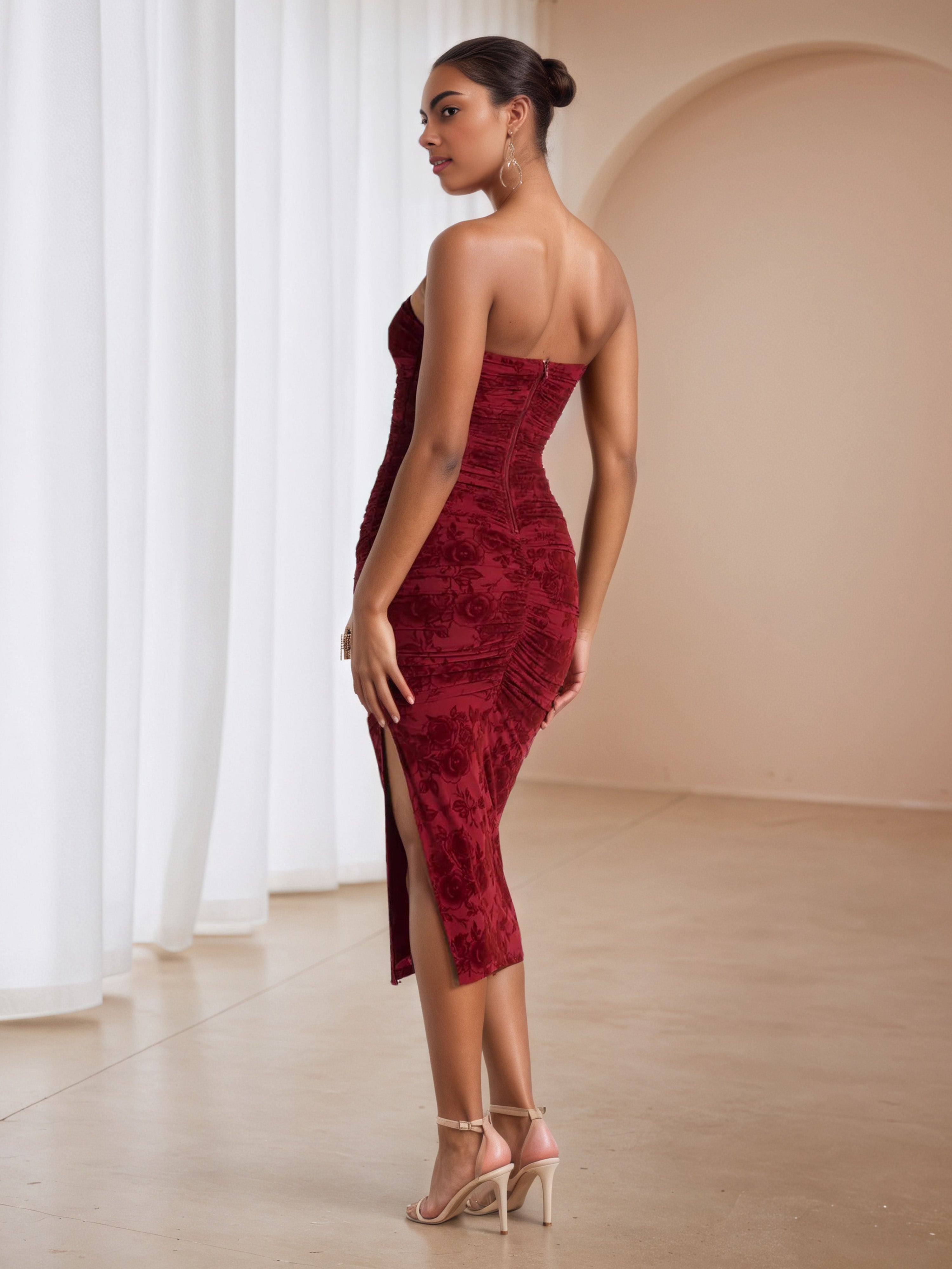 Floral Printed Strapless Burgundy Wedding Guest Dress