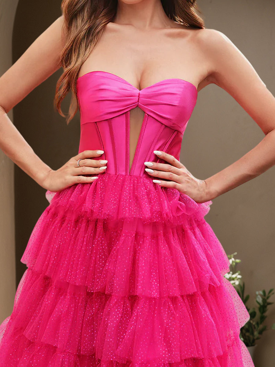 Cicinia Fuchsia Prom Dresses Long Tulle A-line Layered Floor Length Sweetheart Gowns