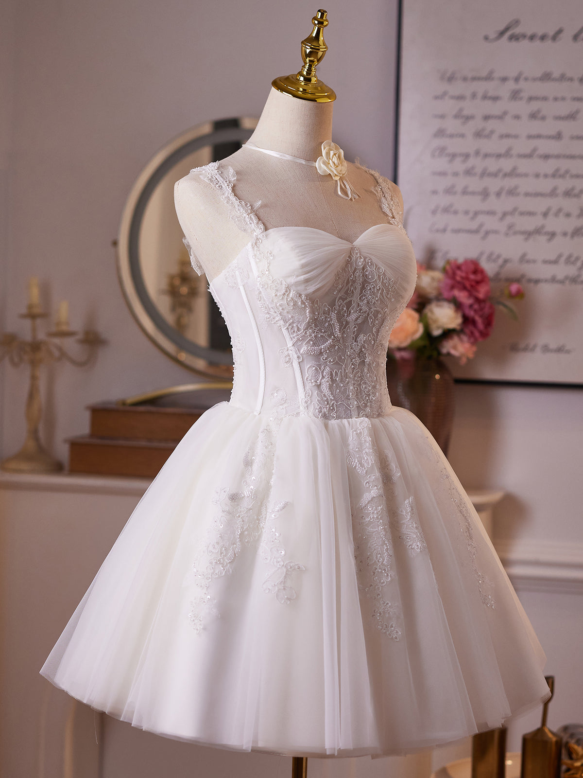 Cicinia Charming Lace Up Back Beaded Tulle A-line White Wedding Dresses Short Mini Length Dress