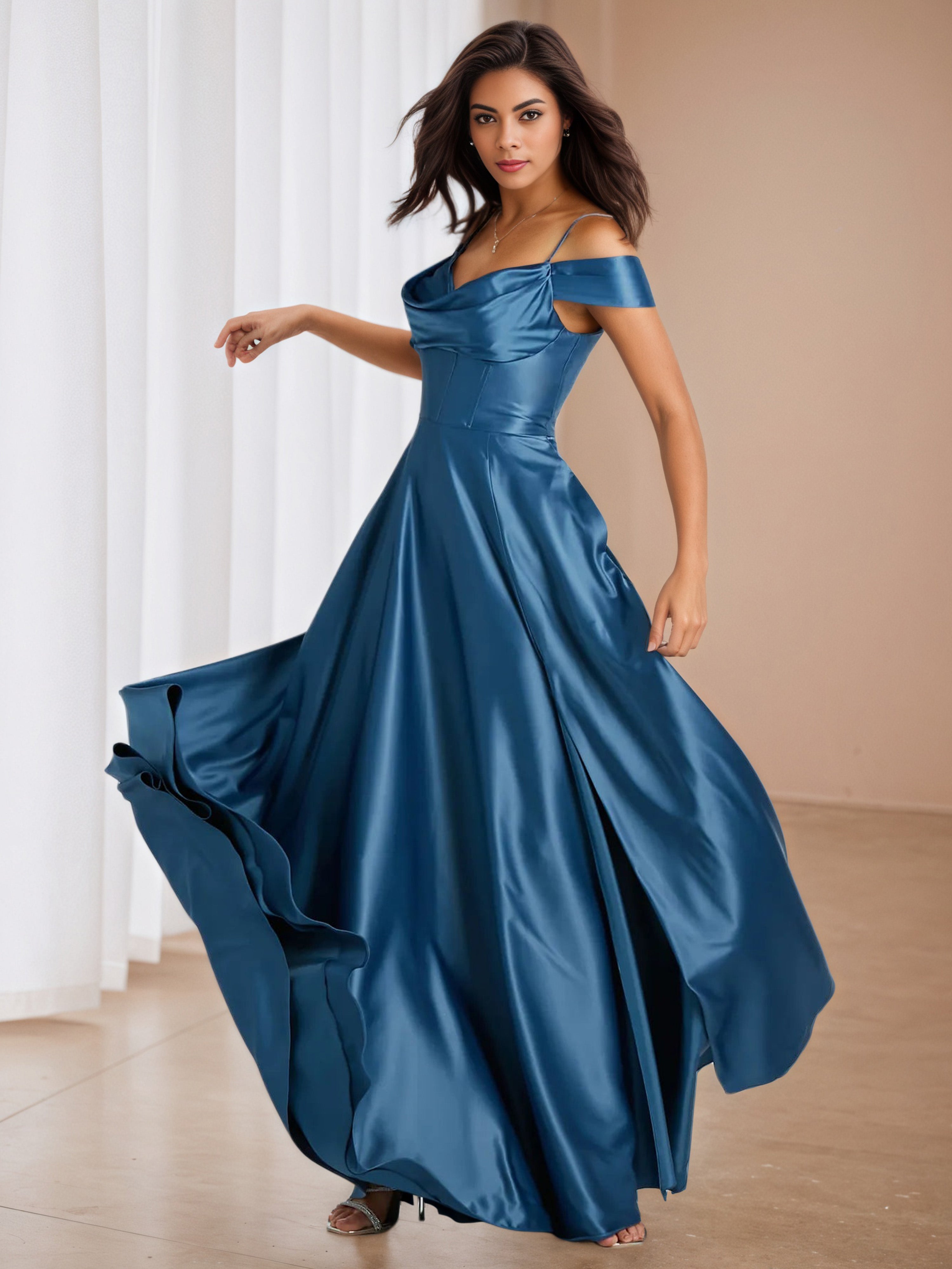 Off The Shoulder Ruched Dark Blue Prom Dress with Split