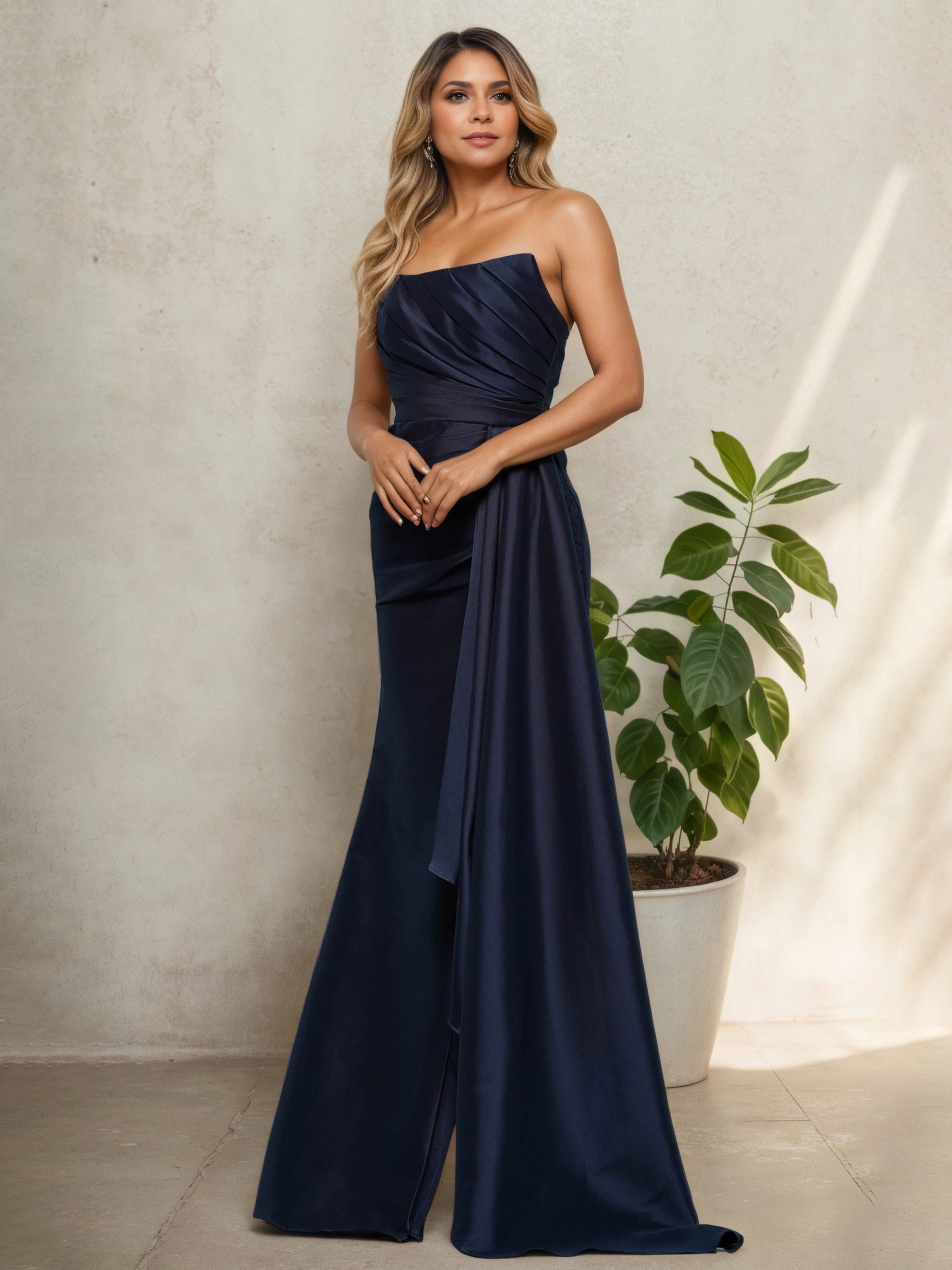 Strapless Sleeveless Pleats Dark Navy Mother Of The Bride Dress