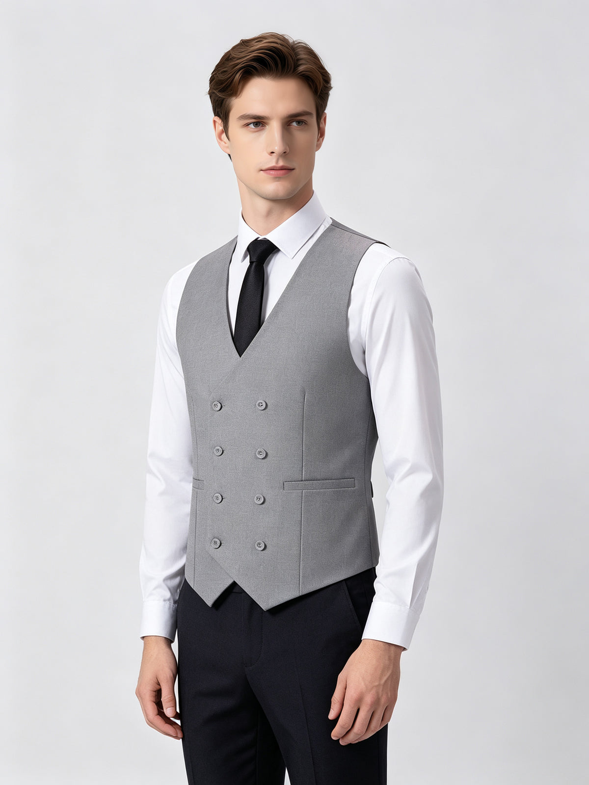 Cicinia Peak Lapel Single Button 3 Pieces Suit Jacket Double Breasted Vest Straight Cut Trousers Solid Grey Men's Suits