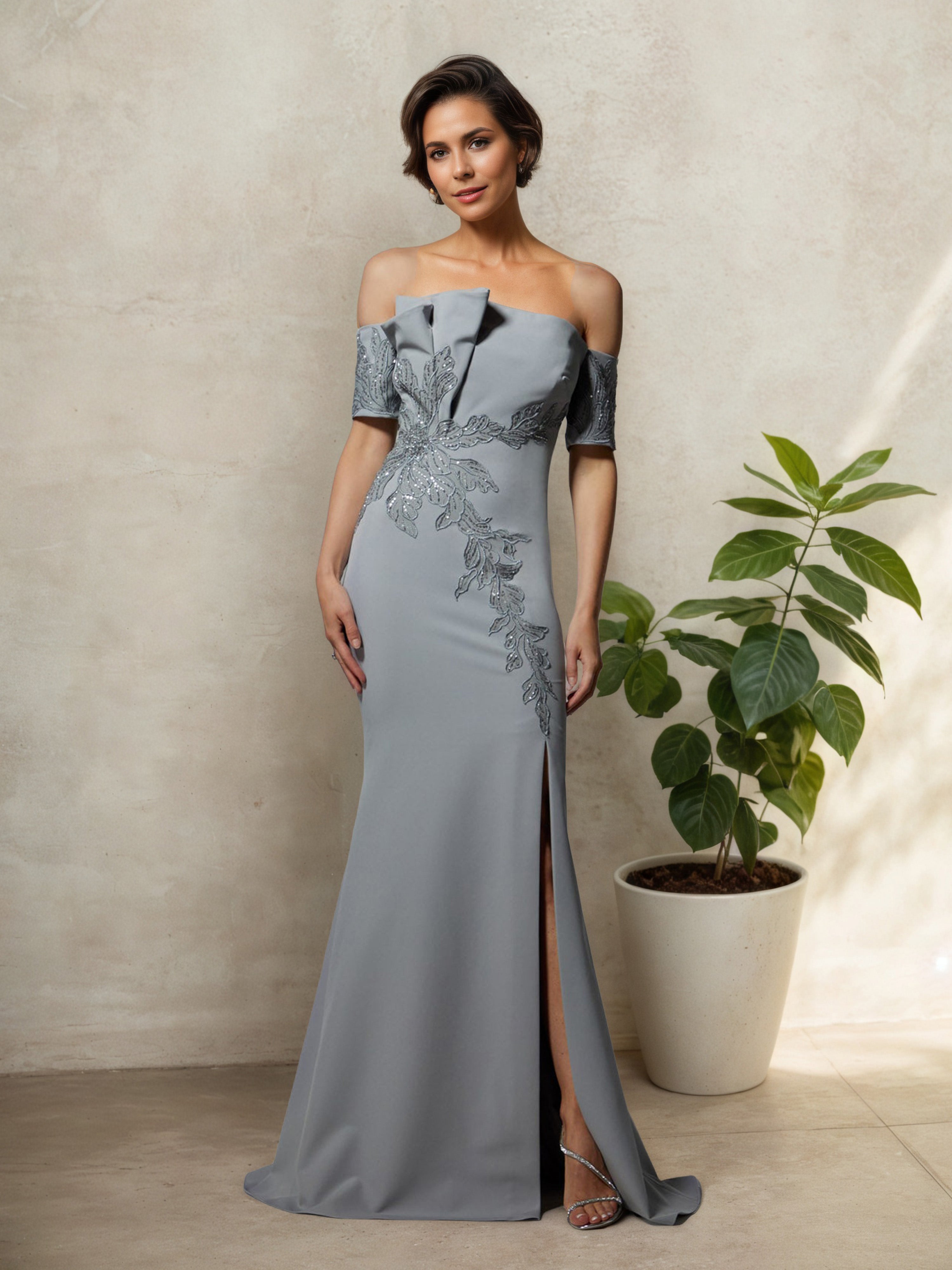 Off The Shoulder Illusion Strapless Dusty Blue Mother Of The Bride Dress Off The Shoulder Illusion Strapless Dusty Blue Mother Of The Bride Dress