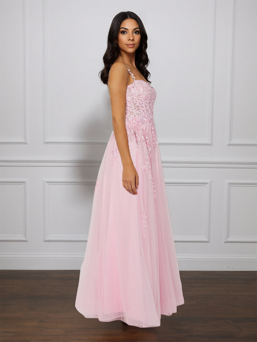 Cicinia Blushing Pink Prom Dresses Long Tulle A-line Appliques Lace Floor Length