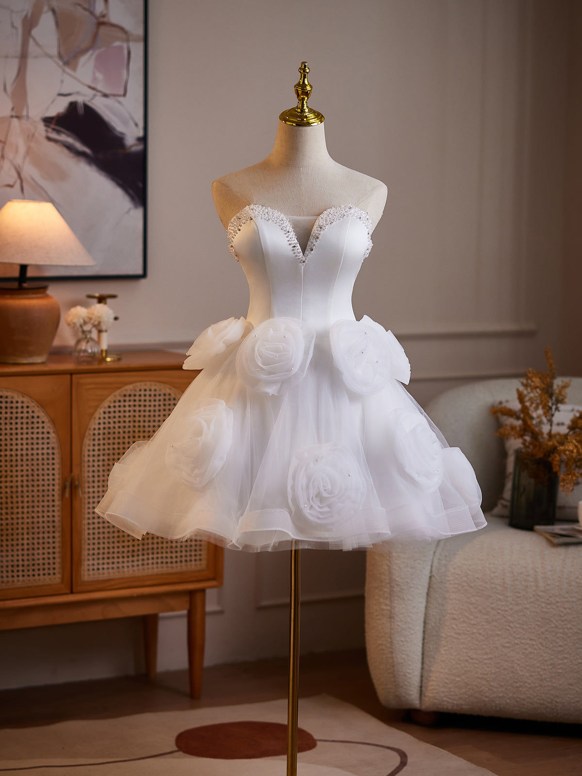 Cicinia Beaded Sweetheart White Wedding Dresses Short A-line Bridal Dress With 3D Large Rose