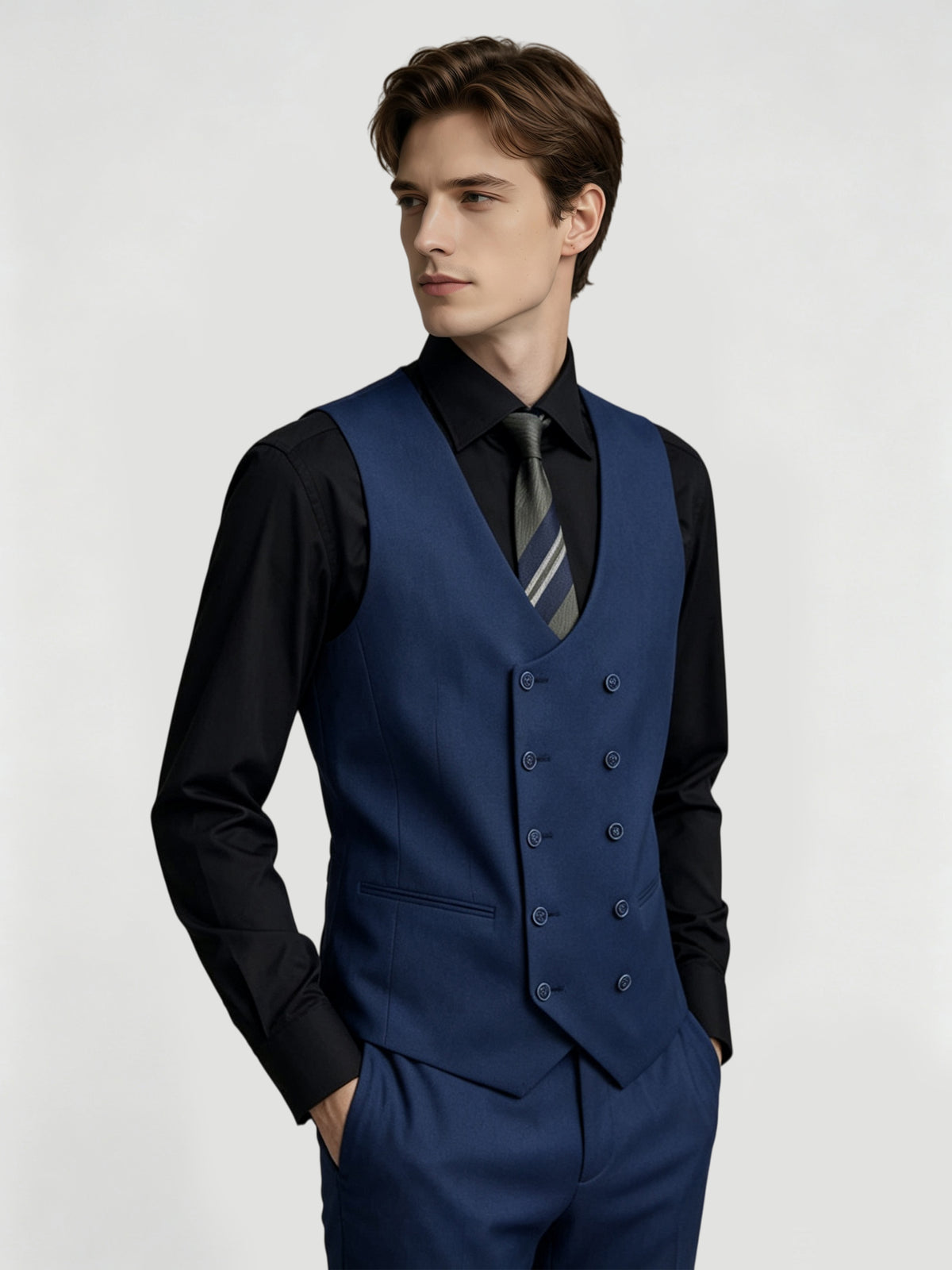 Cicinia 3 Pieces Suit Notch Collar Jacket Matching Double Breasted Vest Classic Fit Trousers Navy Blue Men's Suits
