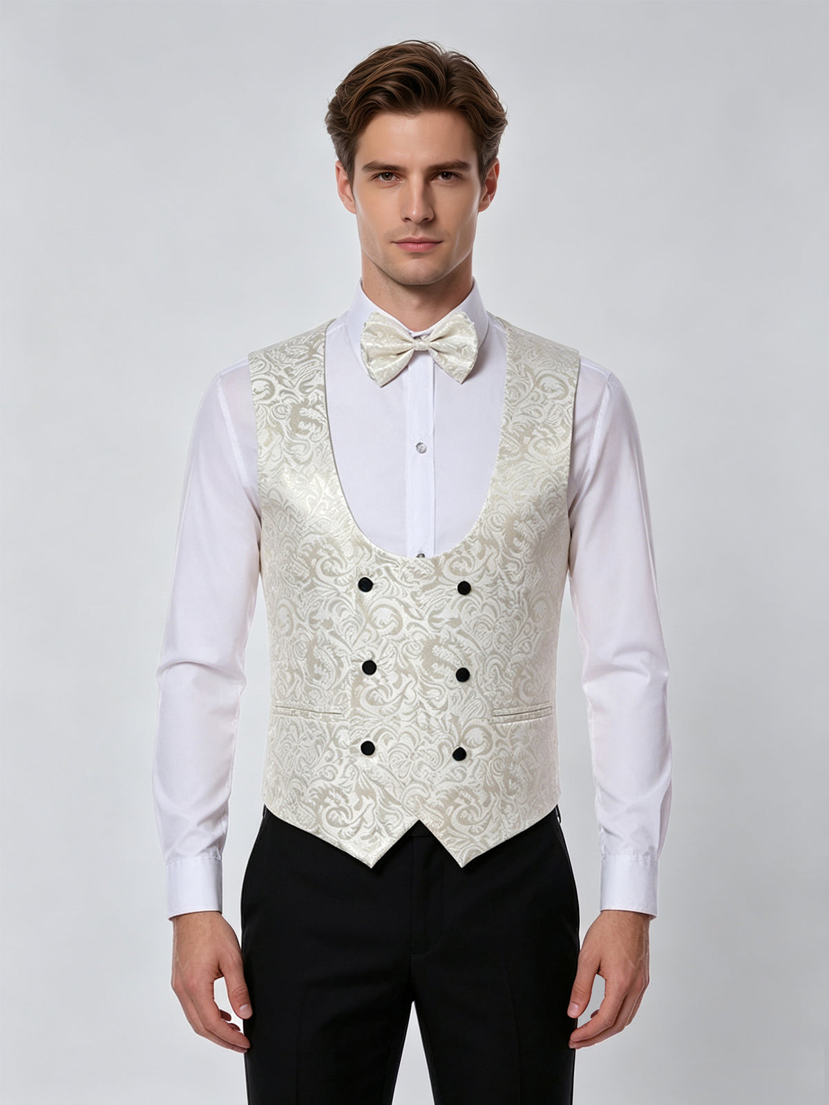 Cicinia 3 Pieces Jacquard Tuxedo Shawl Lapel Single Button Jacket Double Breasted Vest Straight Trousers Ivory And Black Men's Suits