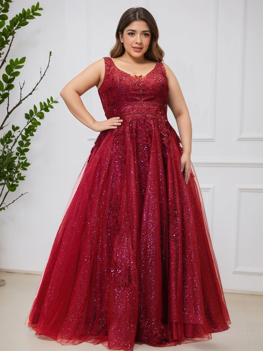 Glitter Burgundy A-line Floor Length Long Plus Size Prom Dress