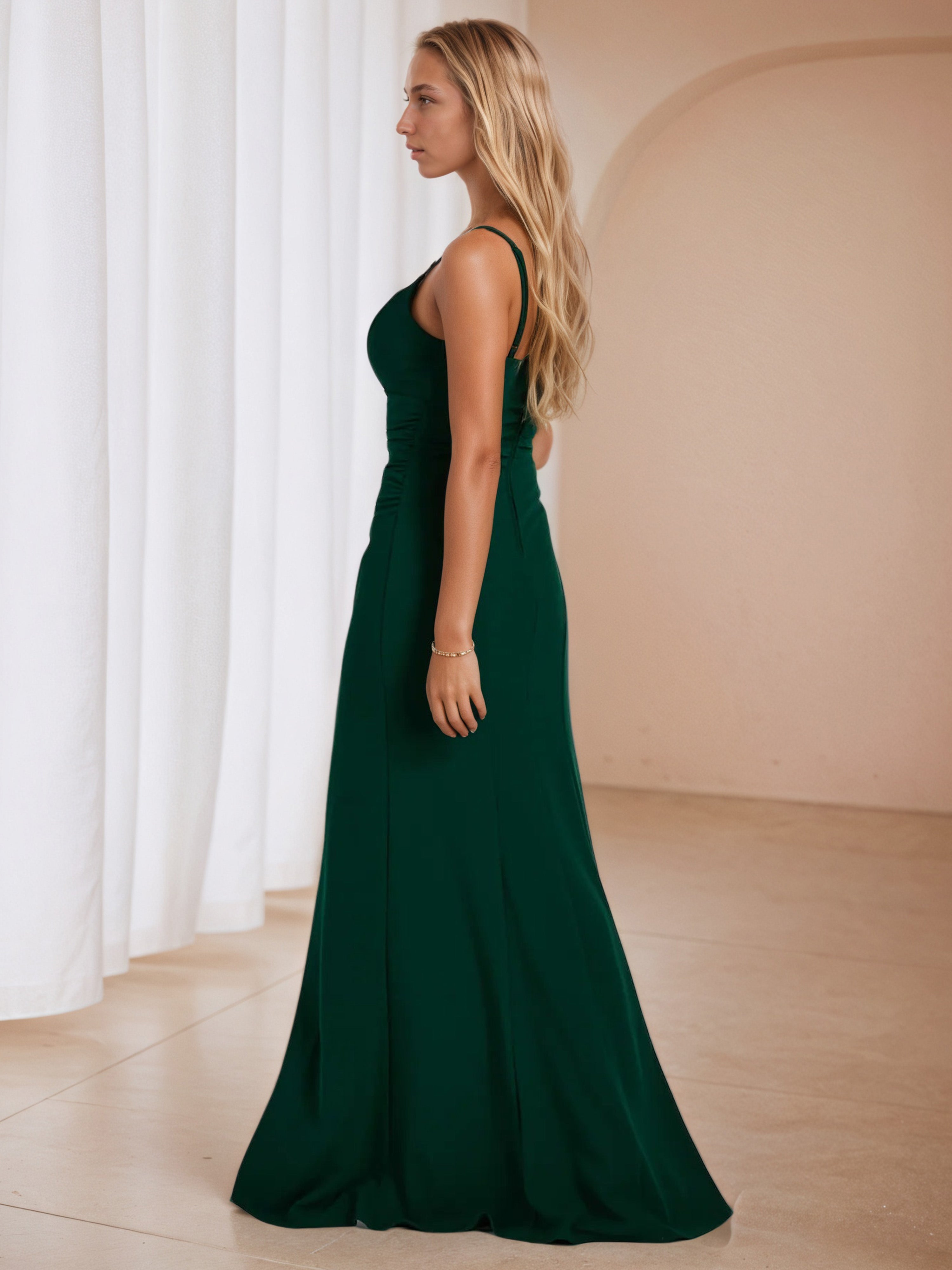 Spaghetti Straps Dark Green Wedding Guest Dress with Split