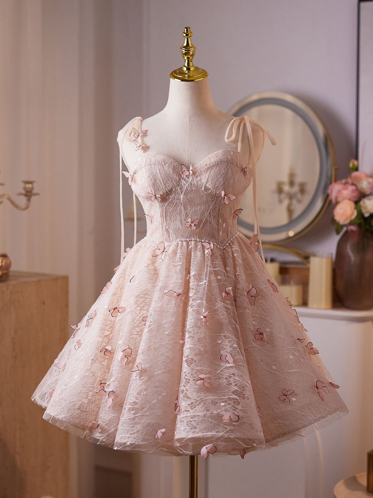 Cicinia Spaghetti Straps Pink Homecoming Dresses Short Lace A-line Mini Length Princess Dress