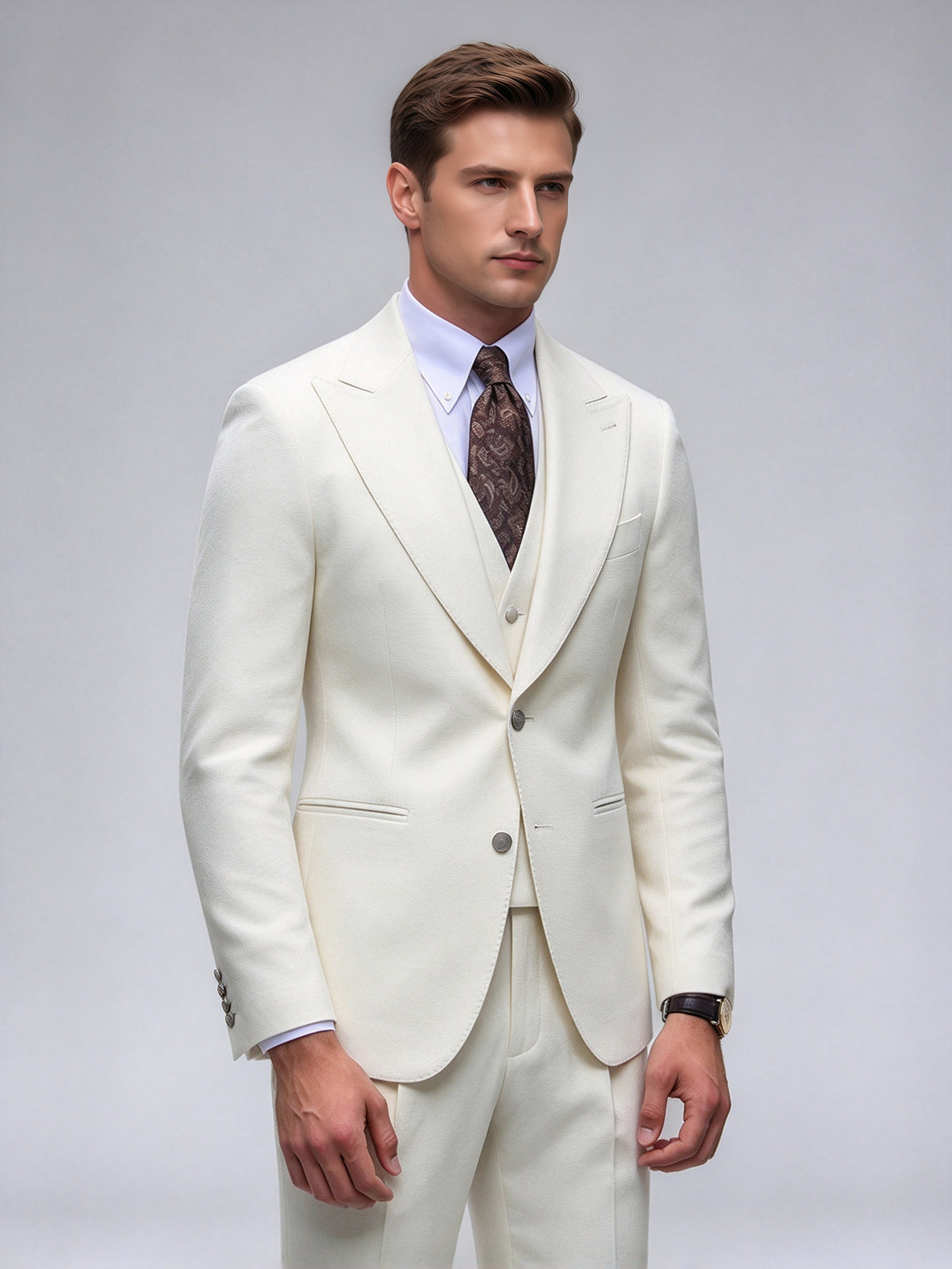 Cicinia Luxury Modern Suit Peak Lapel Double Breasted 3 Pieces Solid Ivory Men's Suits