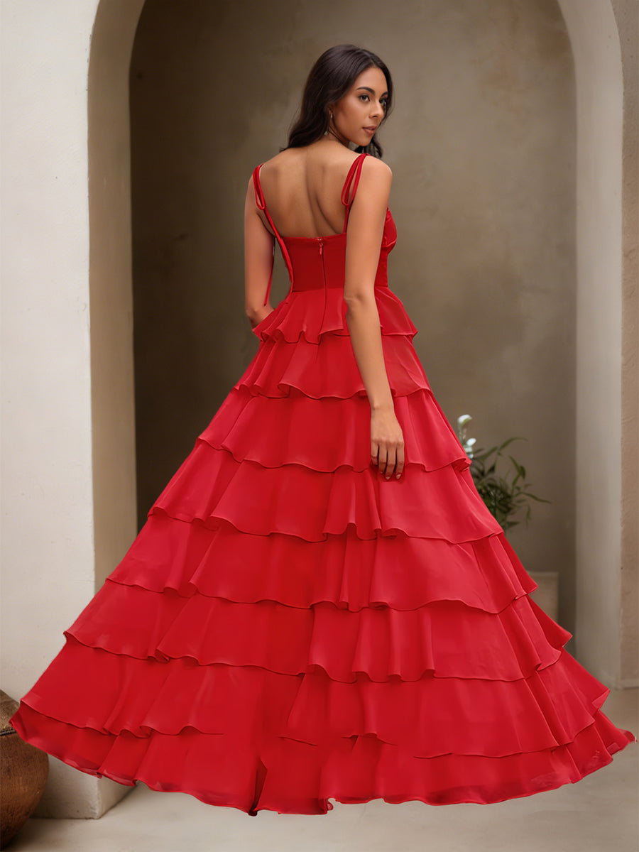 Cicinia Red Prom Dresses Long Chiffon A-line Spaghetti Straps Layered Party Gowns