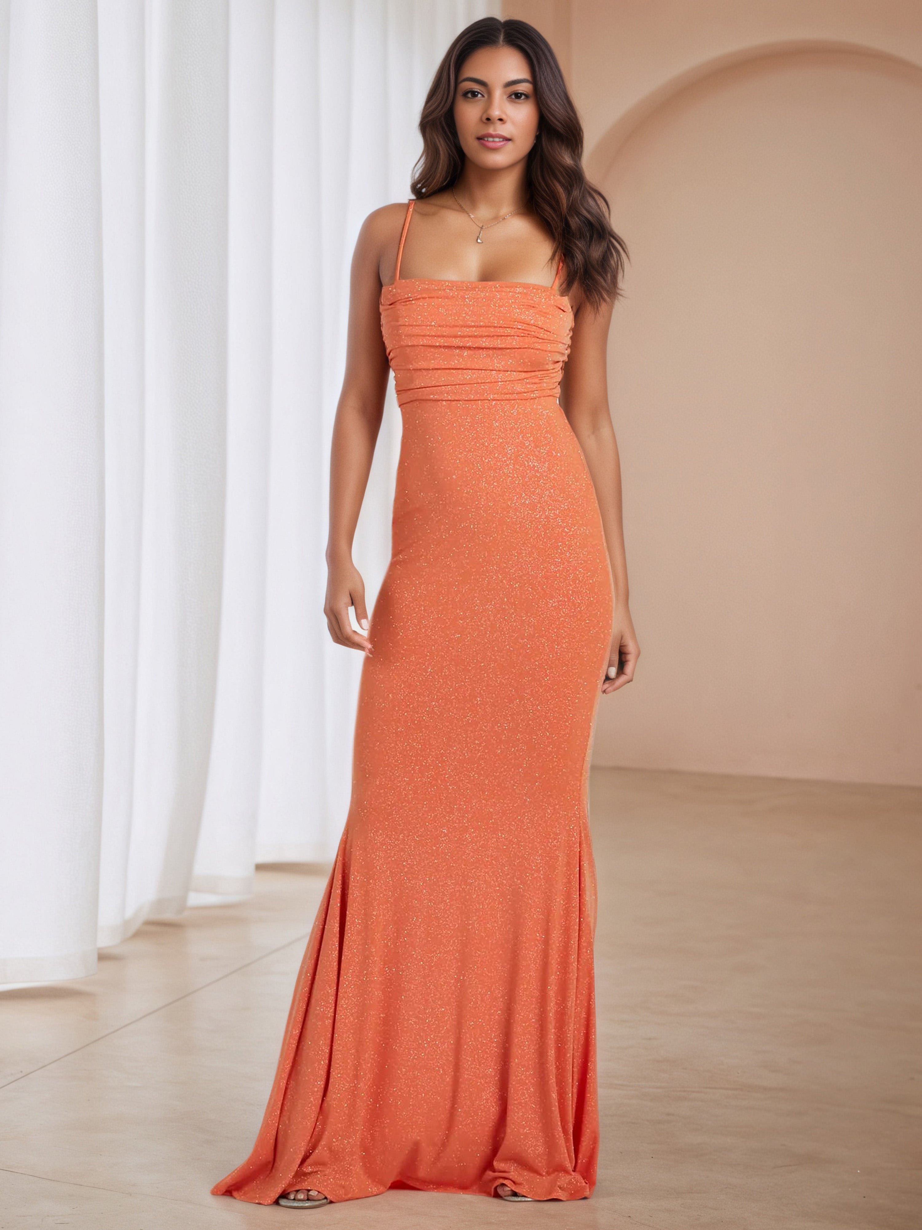 Elegant Papaya Trumpet/Mermaid Square Neck Long Wedding Guest Dress Elegant Papaya Trumpet/Mermaid Square Neck Long Wedding Guest Dress