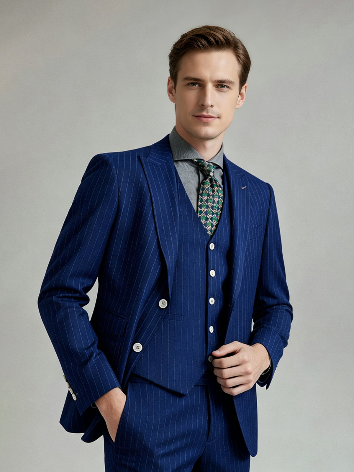 Cicinia Navy Blue Men's Suits Pinstripe 3 Piece Suit Notch Lapel Double Breasted Jacket Vest Straight Trousers