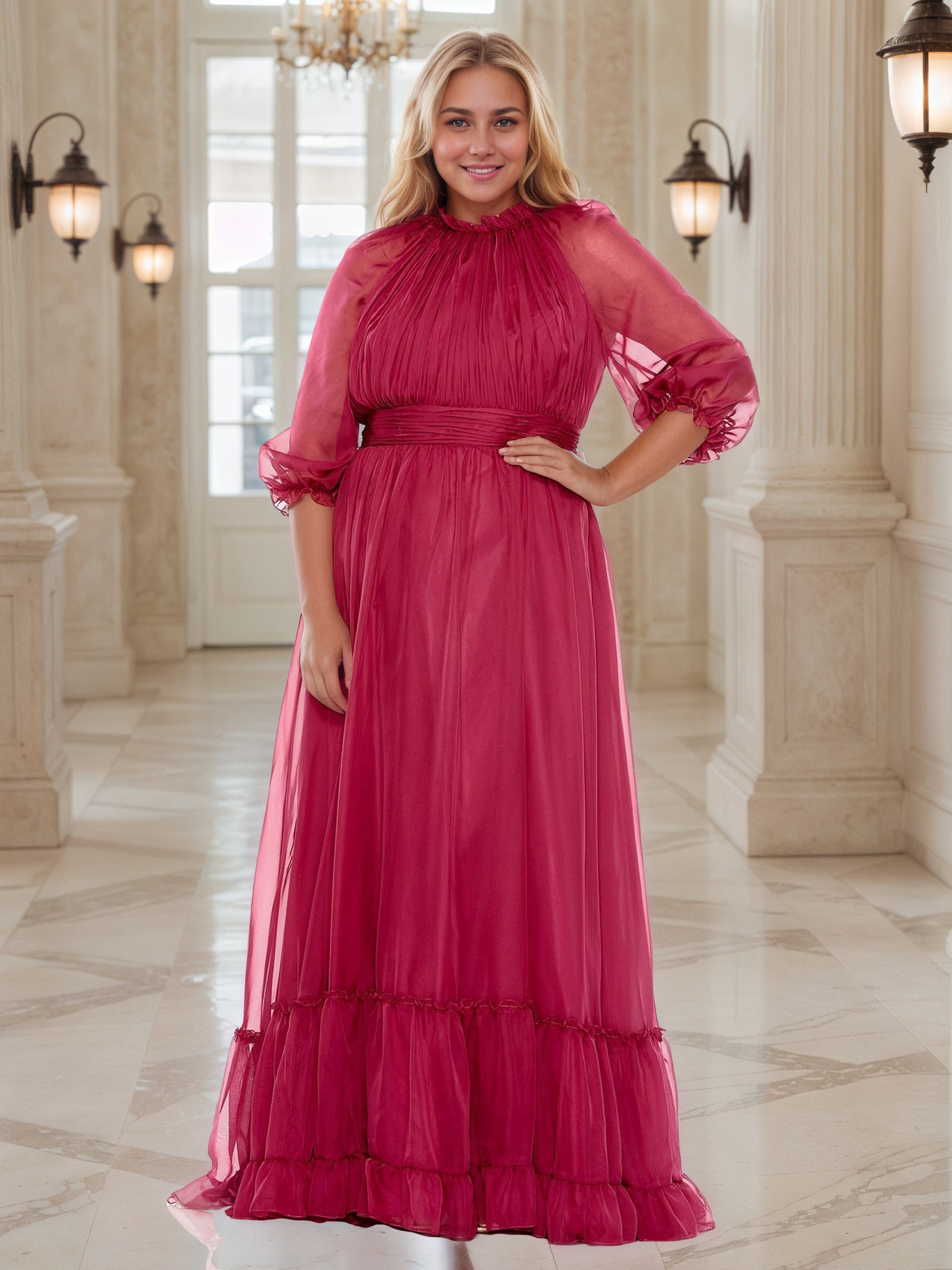 Charming Fuchsia A-line Long Plus Size Prom Dress With Sleeves Charming Fuchsia A-line Long Plus Size Prom Dress With Sleeves