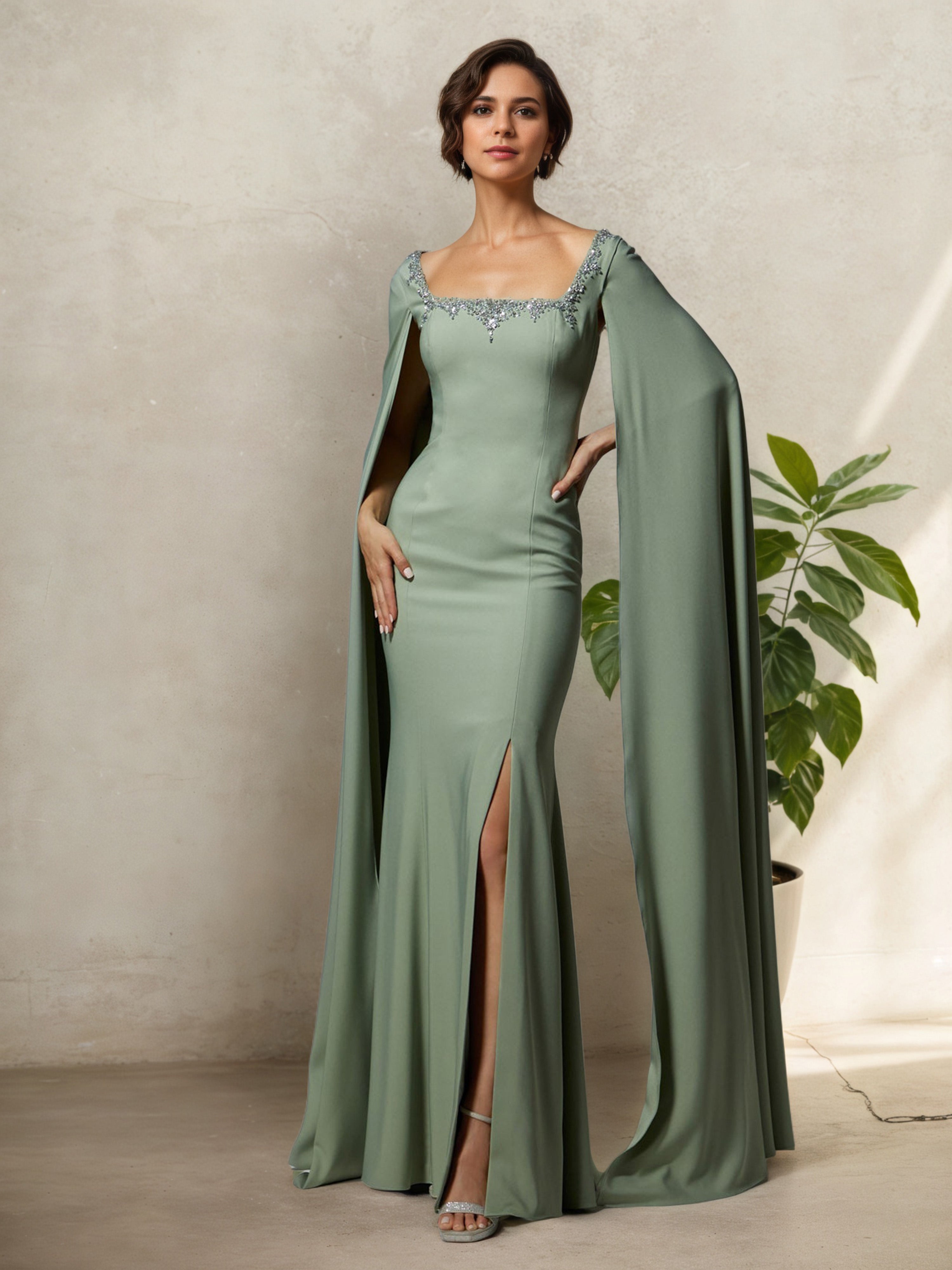 Sheath Dusty Sage Square Neckline Detachable Fly-Away Sleeves Mother Of The Bride Dress Sheath Dusty Sage Square Neckline Detachable Fly-Away Sleeves Mother Of The Bride Dress