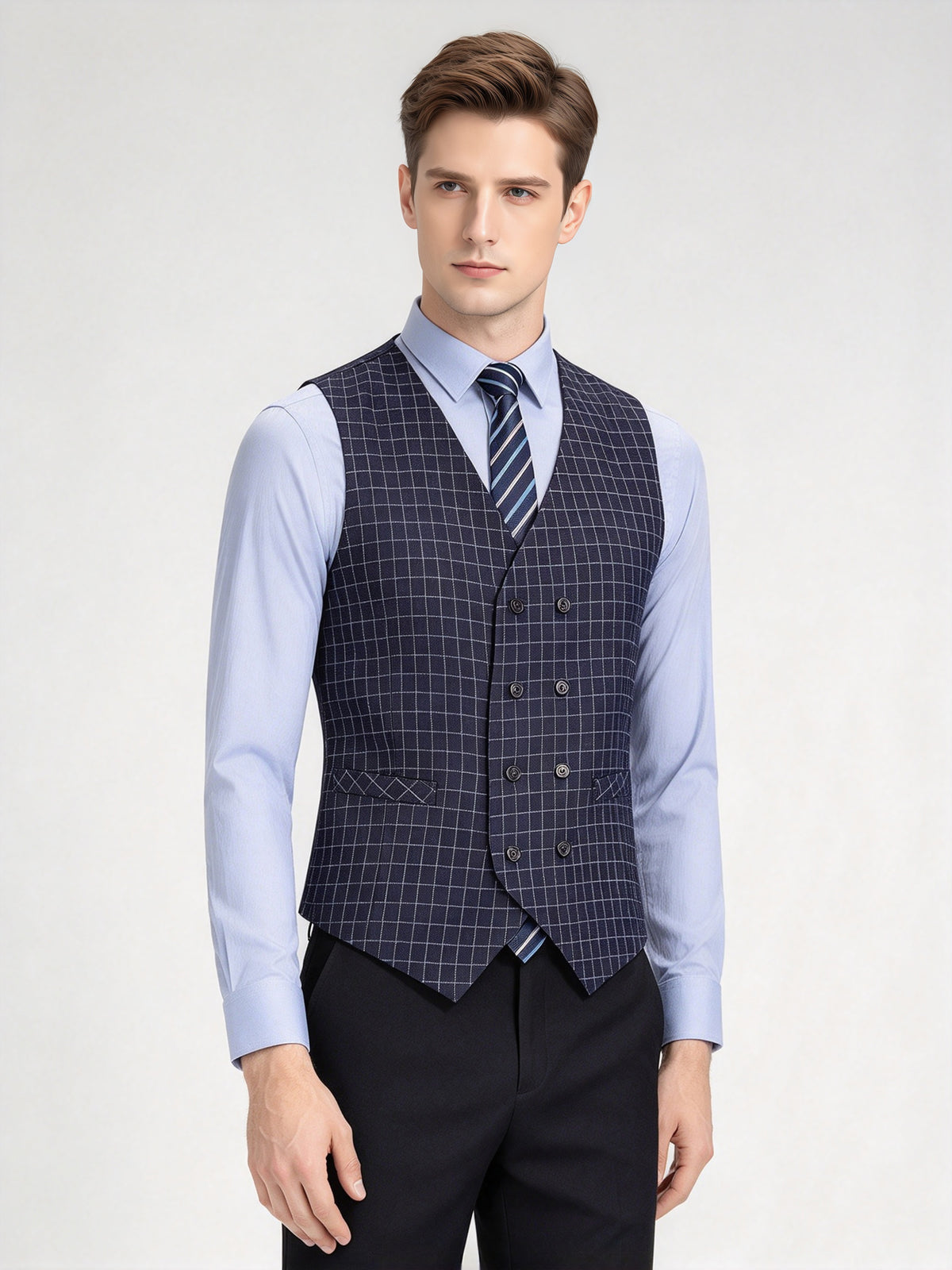 Cicinia Slim Fit 3 Pieces Notched Lapel Single Breasted Windowpane Check Navy Blue Men's Suits