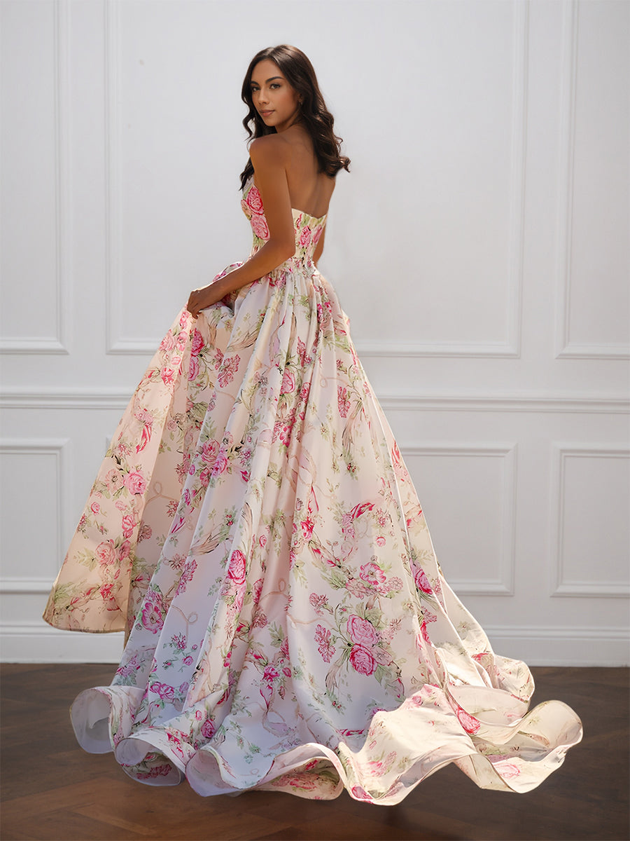 Cicinia Apricot Prom Dresses Long Printed Fabric A-line Strapless With Train