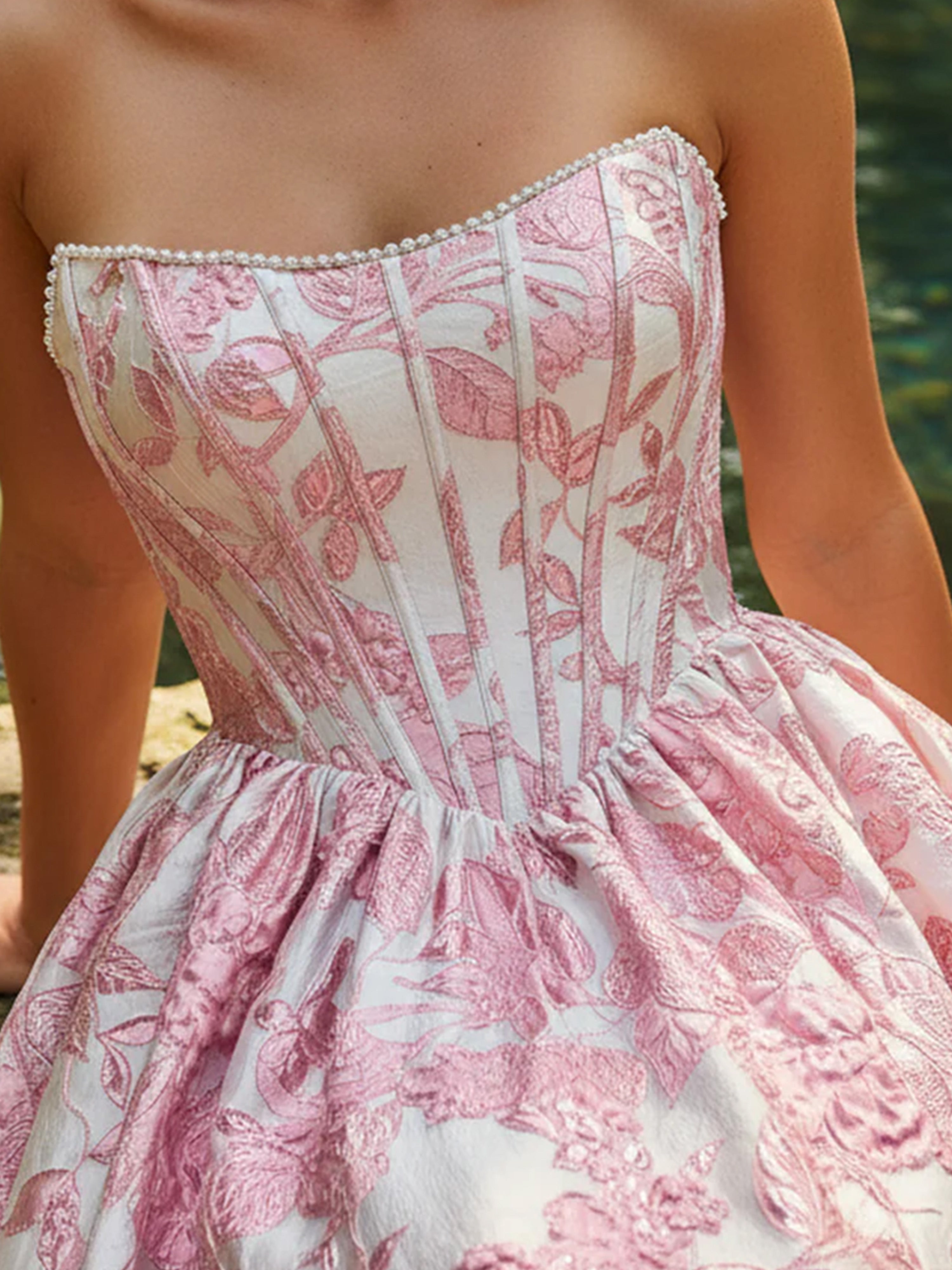 Cicinia Pink Strapless Prom Dresses Long Embossed Jacquard A-line Gorgeous Gowns