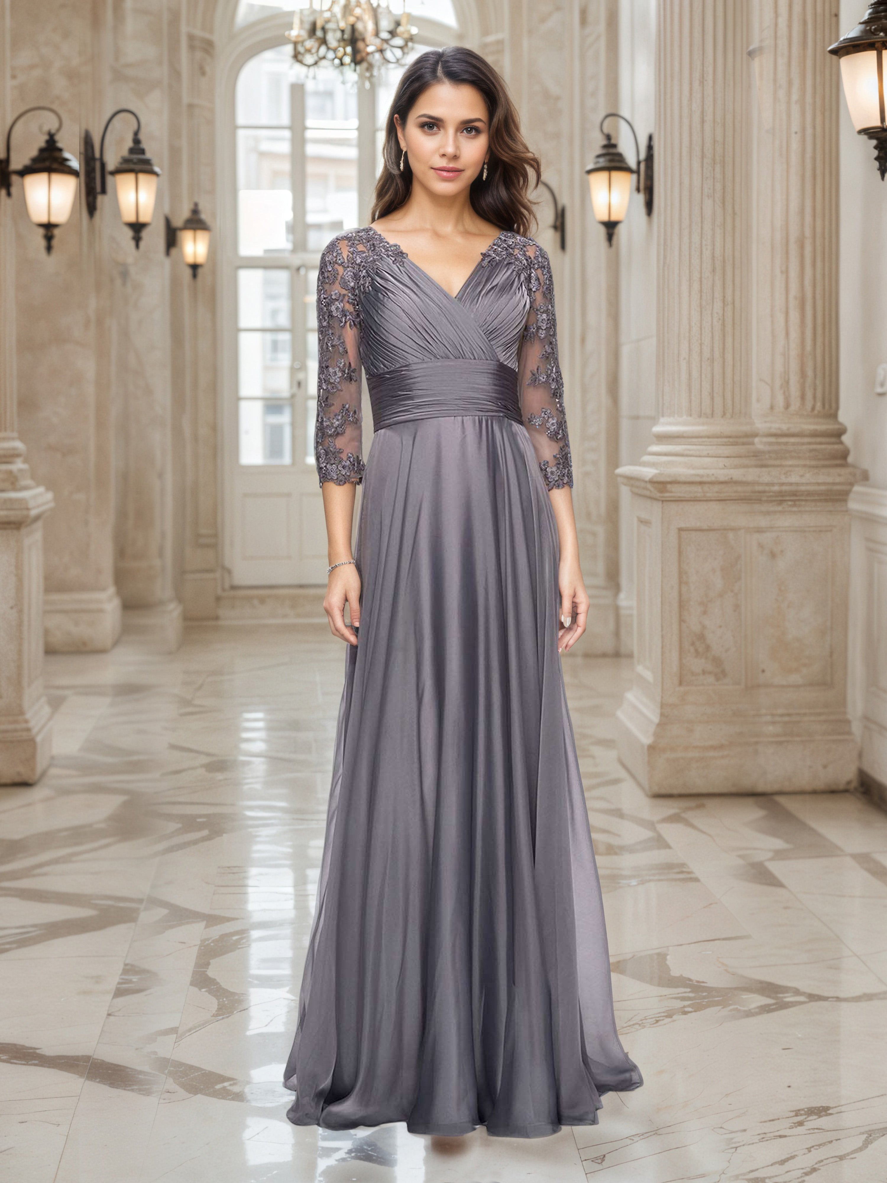 Steel Grey A-Line V-Neck 3/4 Lace Sleeves Mother of the Bride Dress