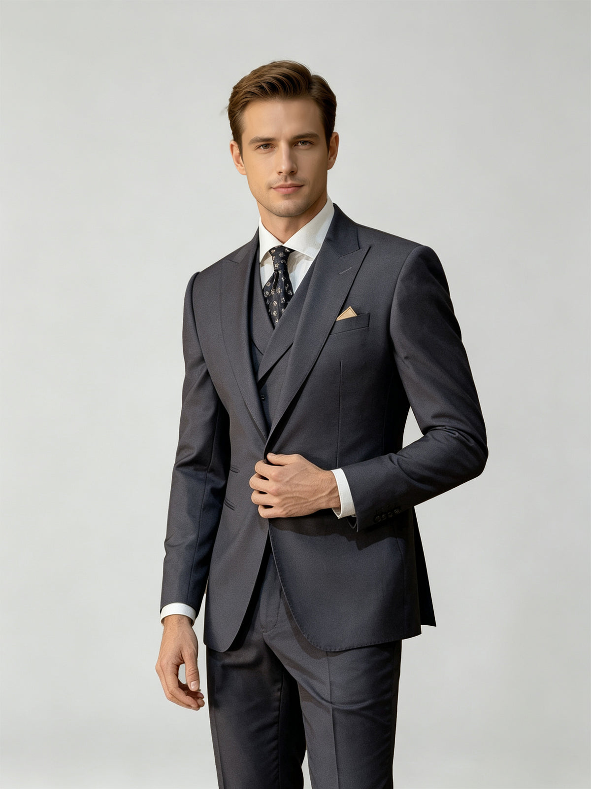 Cicinia Steel Grey Men's Suits 3 Pieces Suit Peak Lapel Single Breasted Jacket Vest Straight Cut Trousers